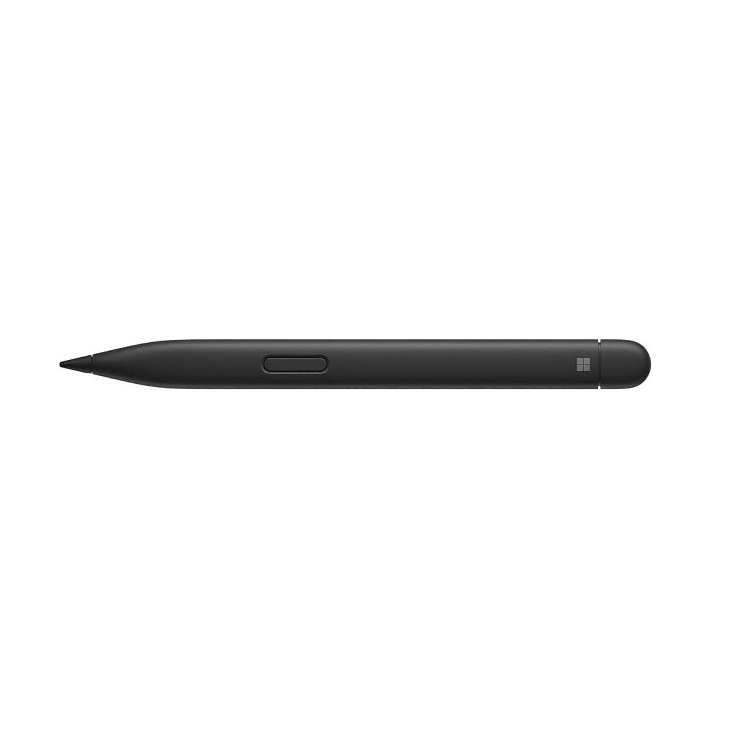 Un lápiz óptico negro con un botón y un diseño plano y rectangular. Logotipo de Microsoft.