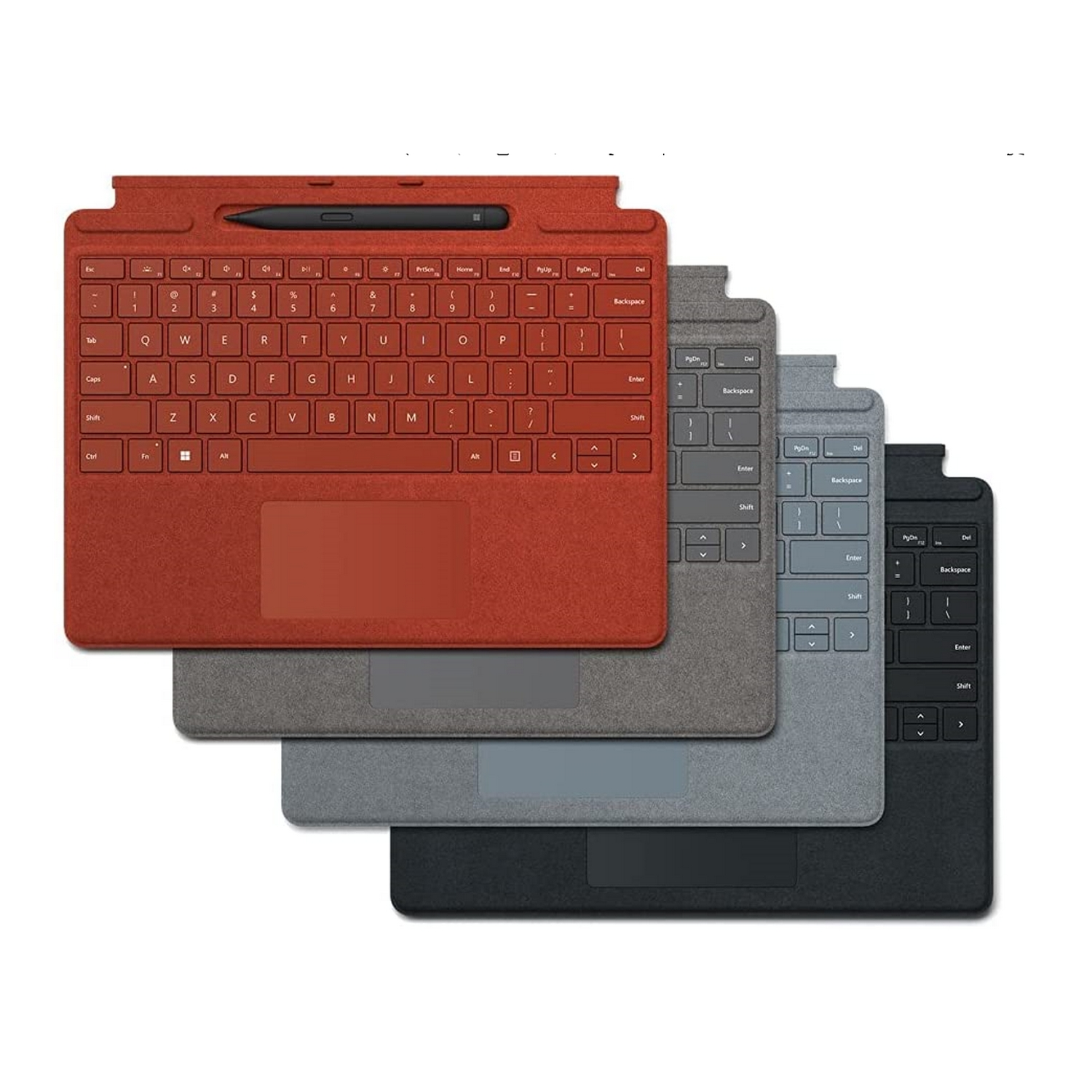 Teclados en varios colores: rojo, gris, gris claro y negro.