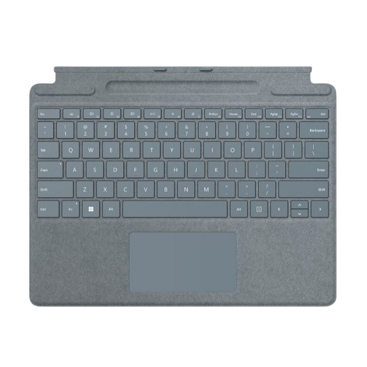 Teclado gris para Surface Pro. Teclas y trackpad visibles. Letras mayúsculas y símbolos mostrados.