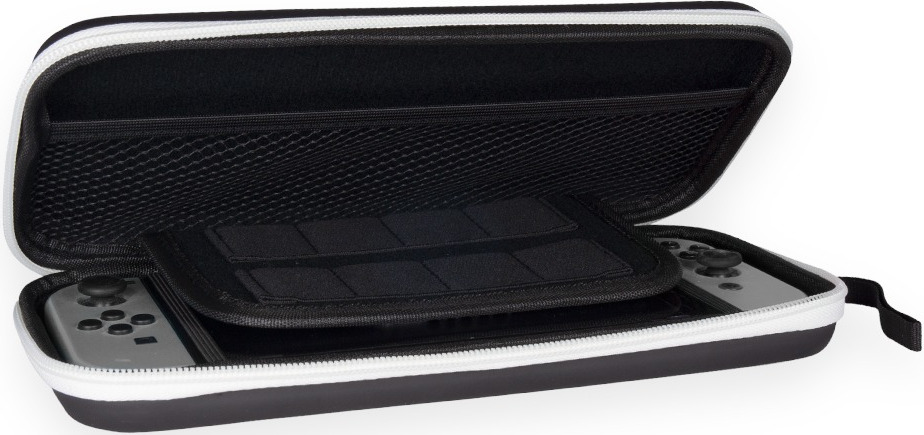 Black and white Switch case, open, with a Switch and controllers.