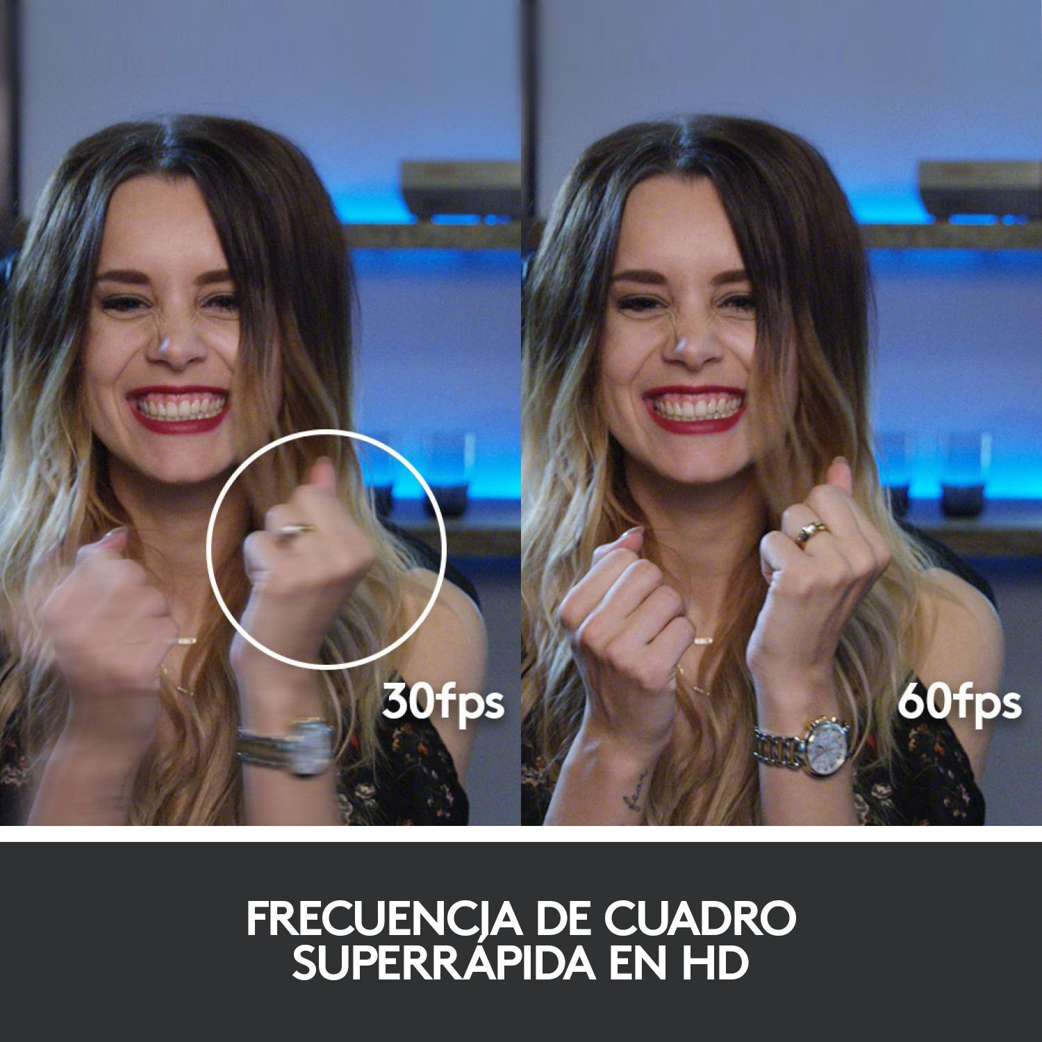 Dos imágenes de una mujer sonriendo. Una muestra una mano con 30fps, la otra con 60fps.