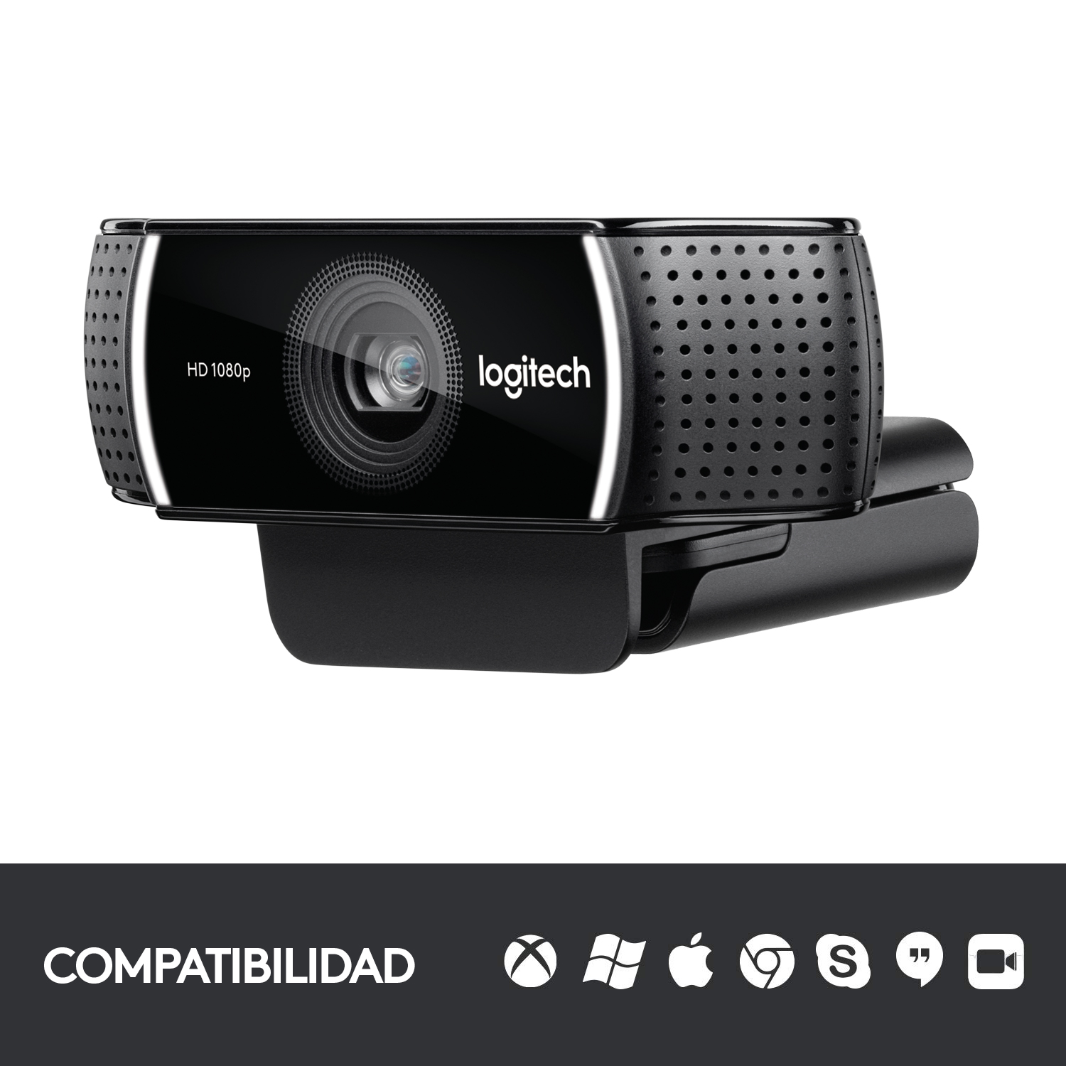 Webcam Logitech negra con lente prominente, perforaciones y iconos de compatibilidad.