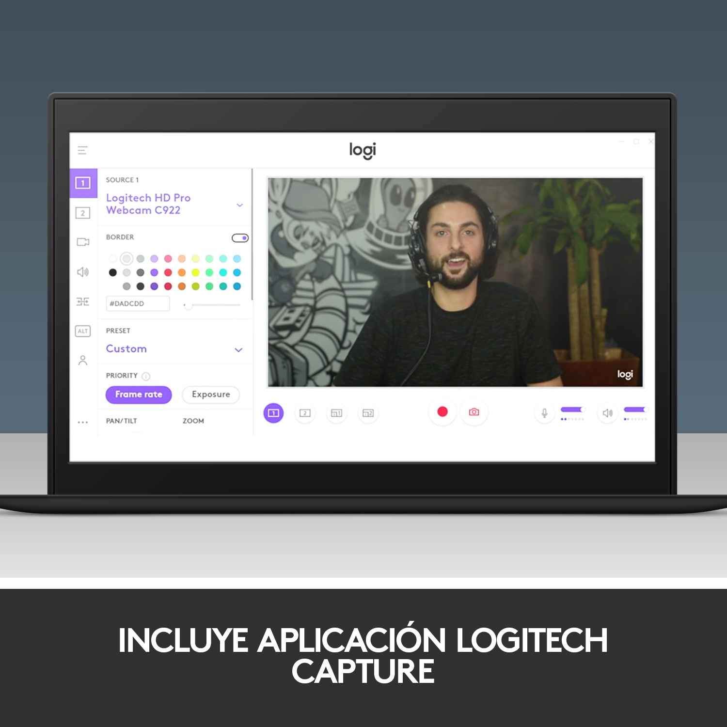 Pantalla de portátil que muestra una interfaz de webcam con un hombre. Incluye opciones de color y ajustes.