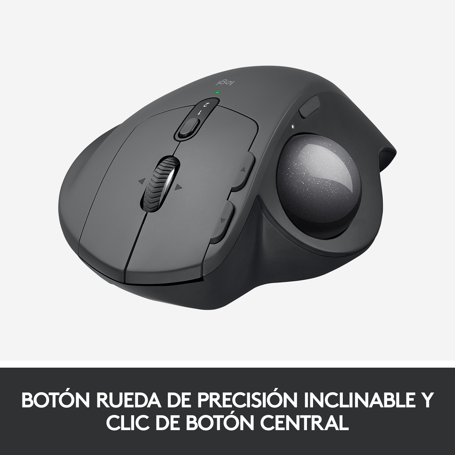 Un ratón de ordenador ergonómico gris con trackball, rueda de desplazamiento y botones.