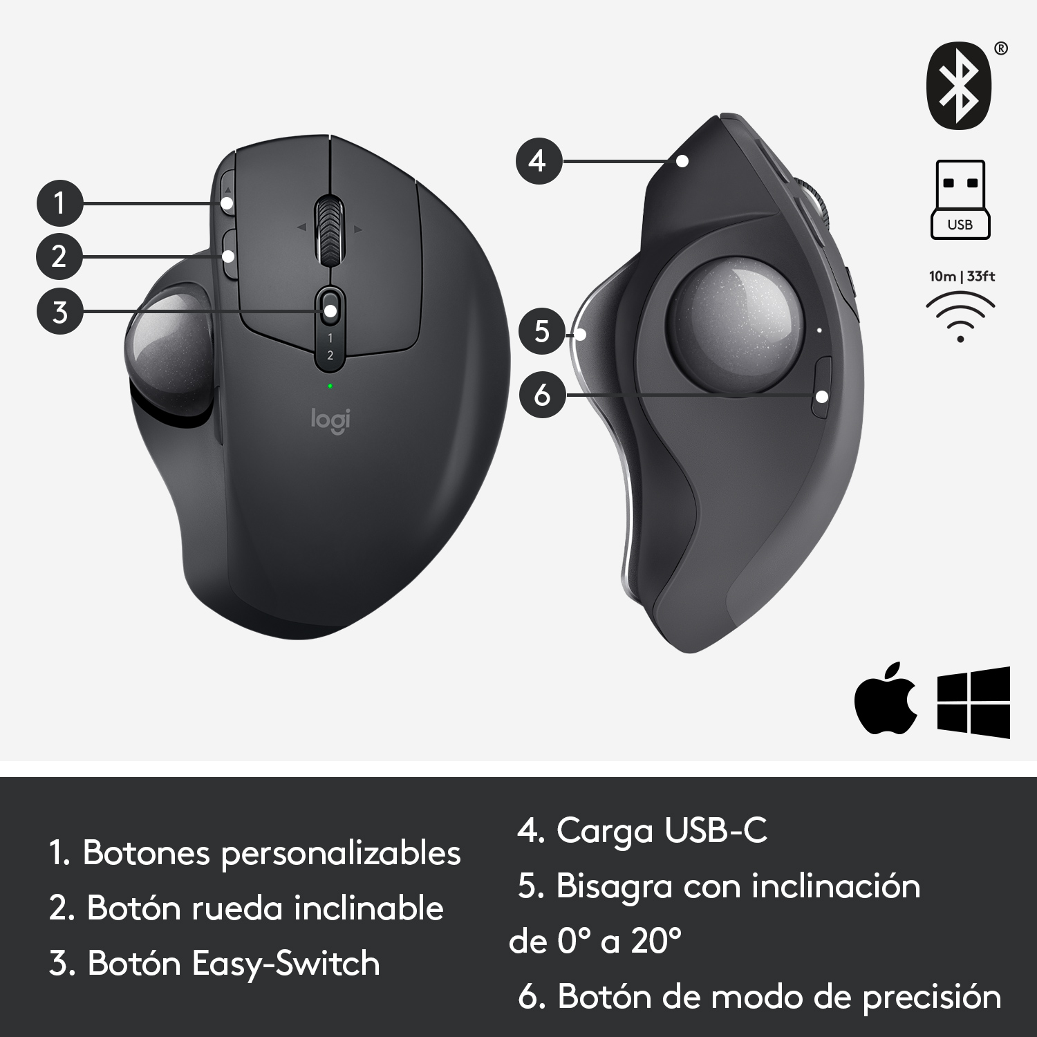 Ratón negro con trackball y botones. Hay ilustraciones y texto.