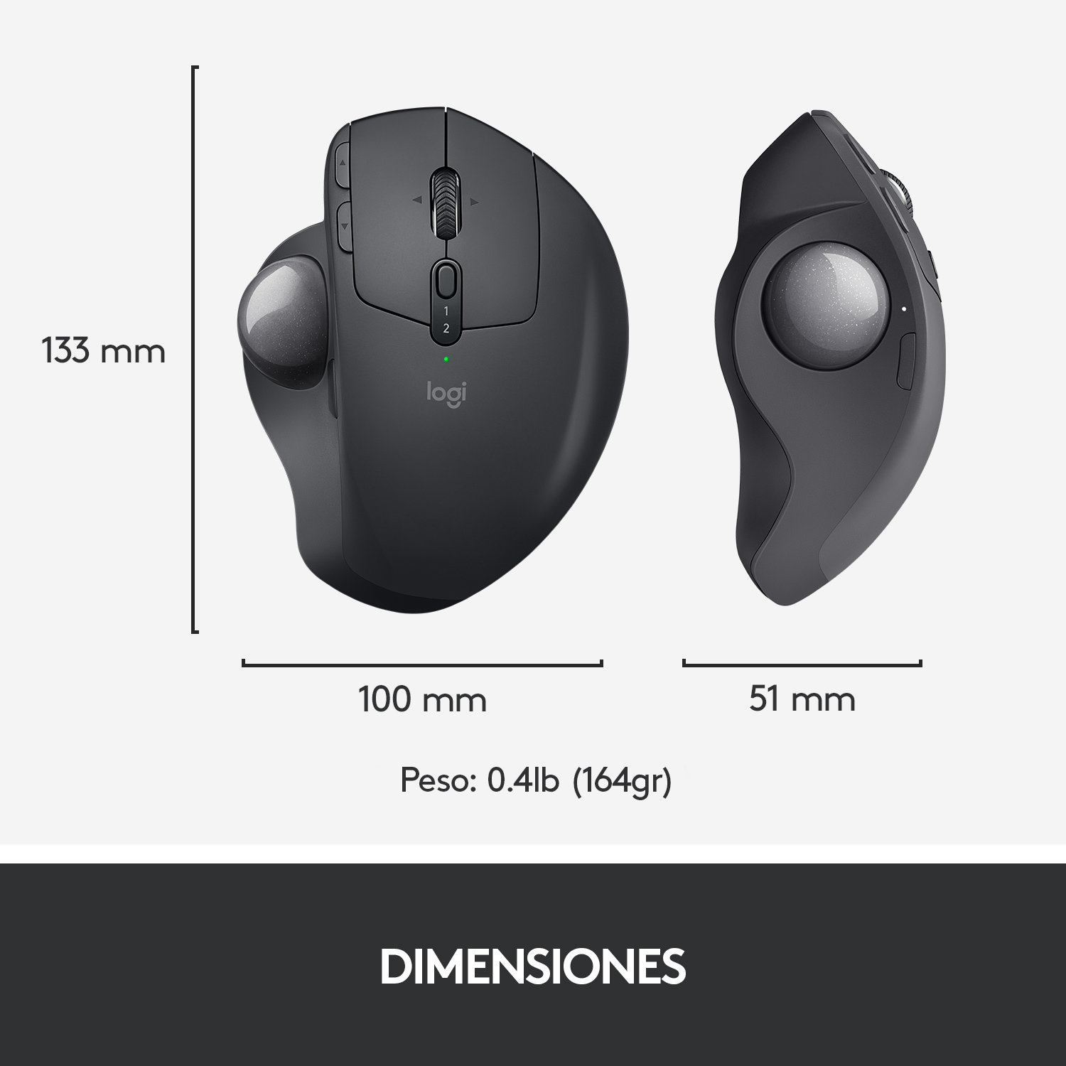 Ratón Logitech negro con trackball y medidas mostradas.