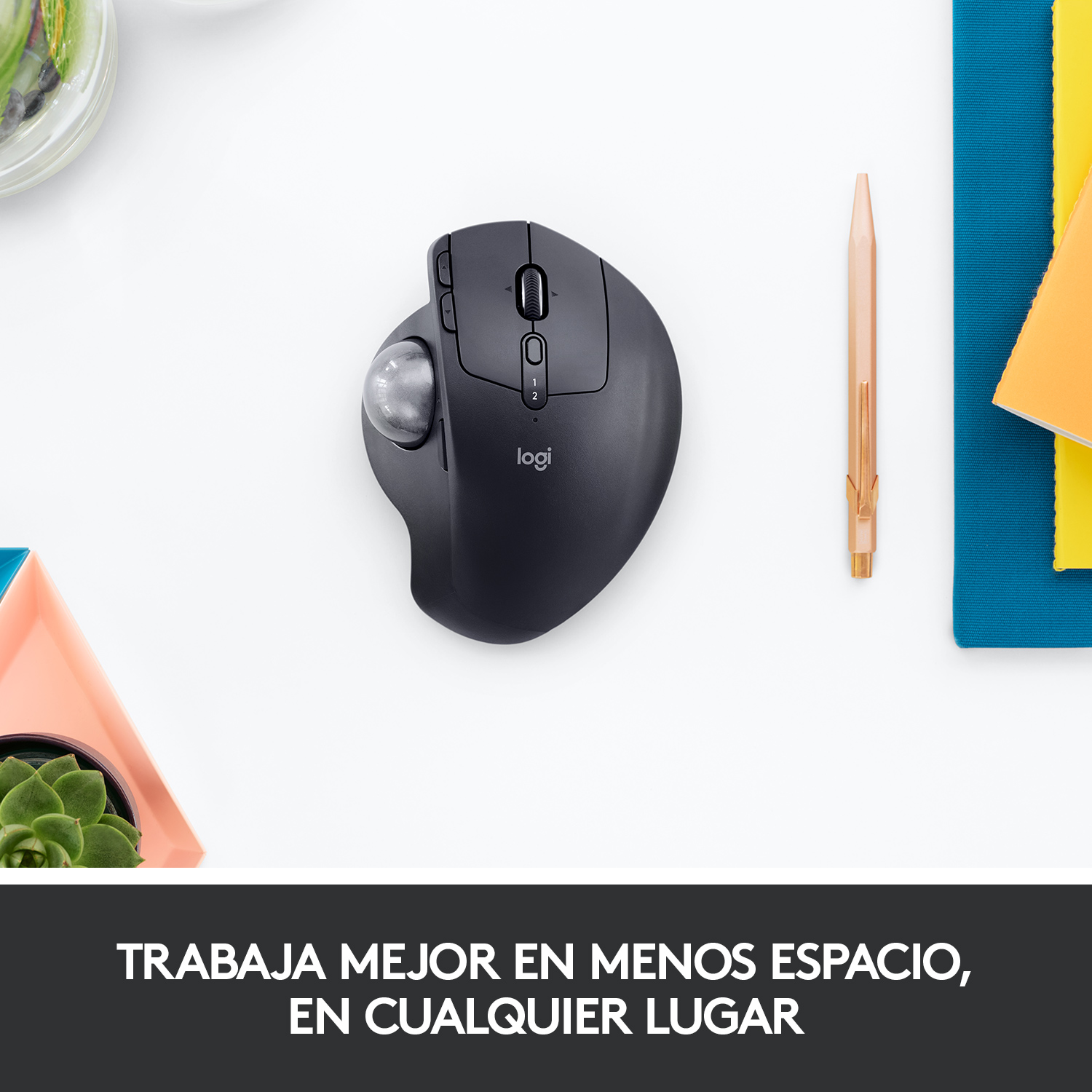 Ratón ergonómico negro con trackball. Lápiz, suculenta y cuaderno sobre superficie blanca.
