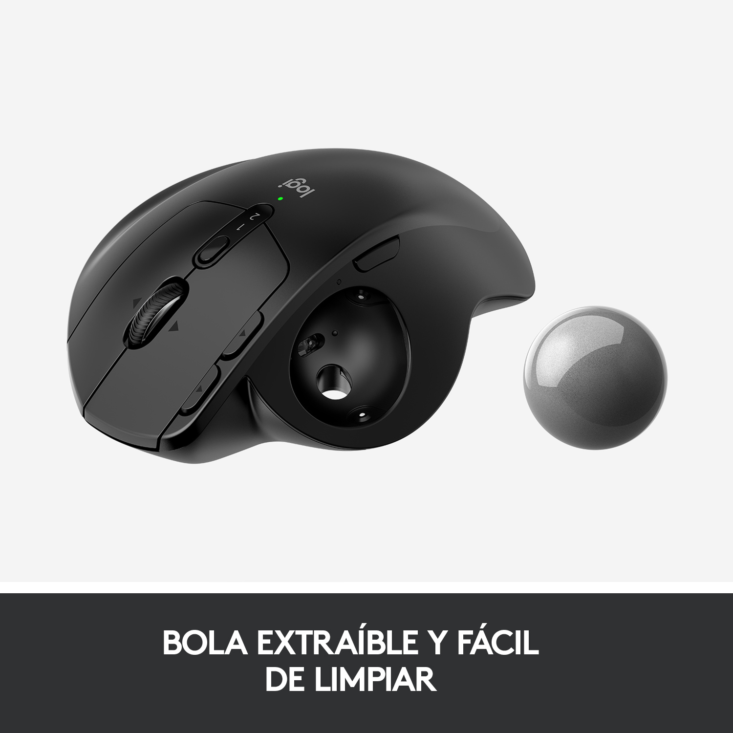 Ratón negro con trackball y trackball aislado.