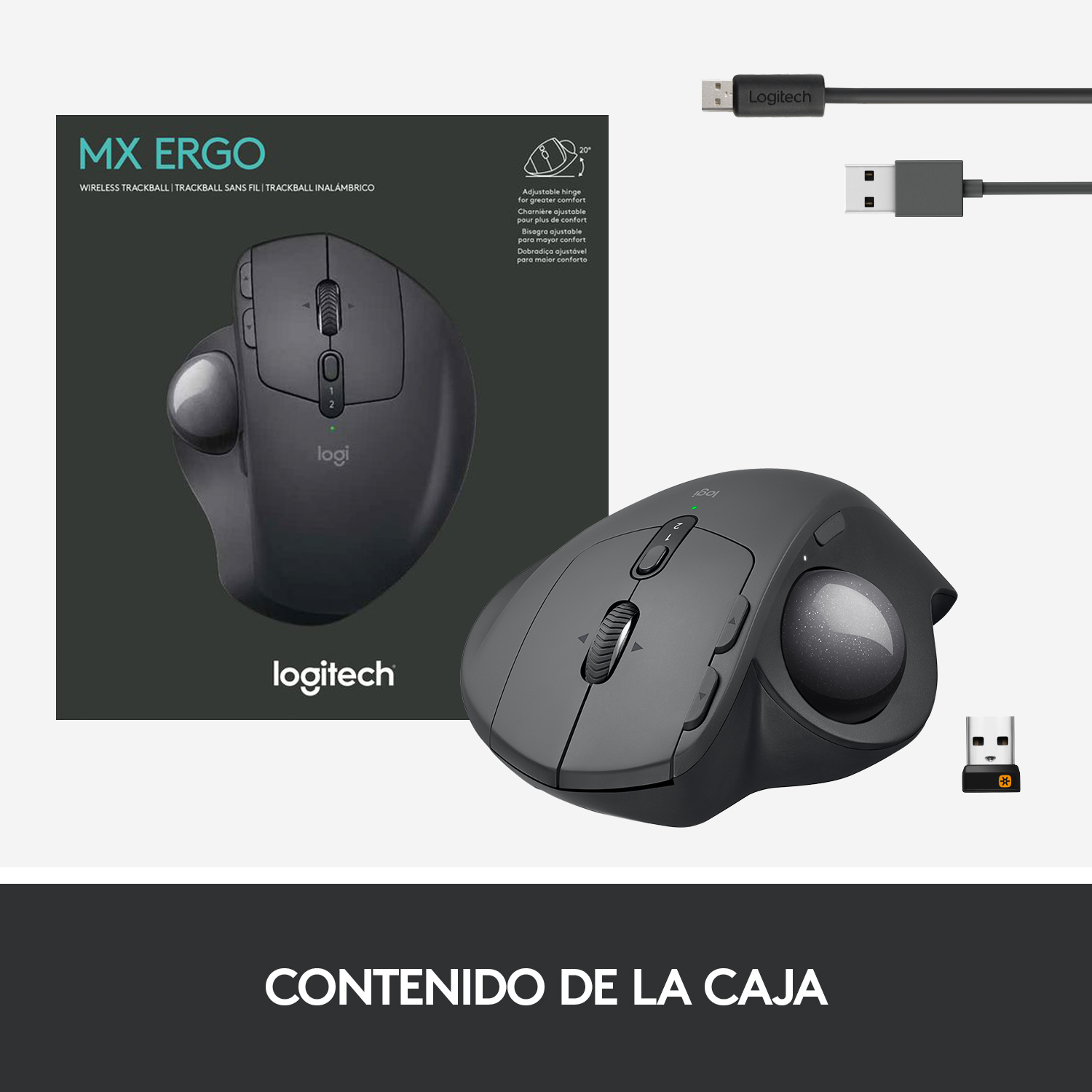 Ratón trackball Logitech MX Ergo negro, con el nombre del producto en la caja.
