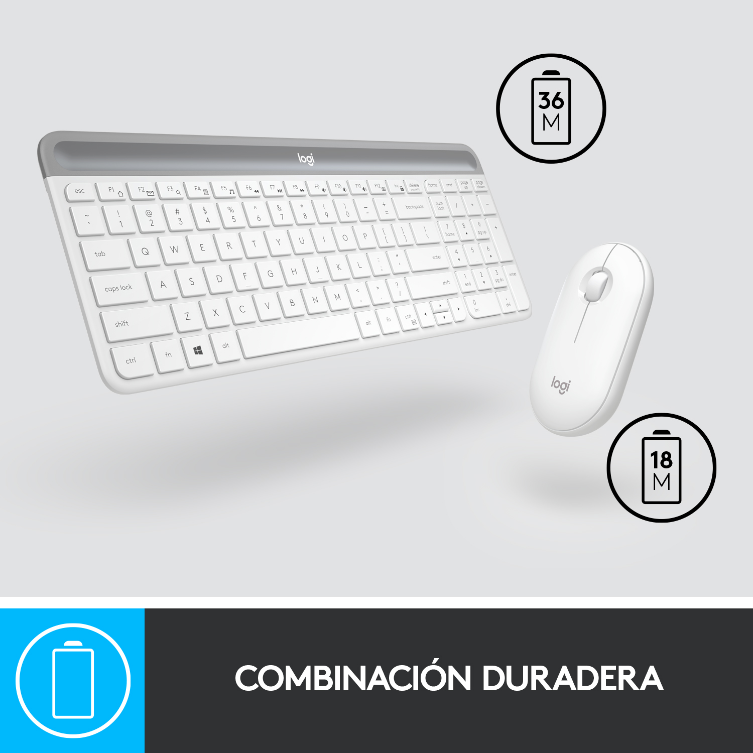 Conjunto de teclado y ratón inalámbricos blanco y gris. Muestra teclas del teclado y ratón con indicadores de batería.