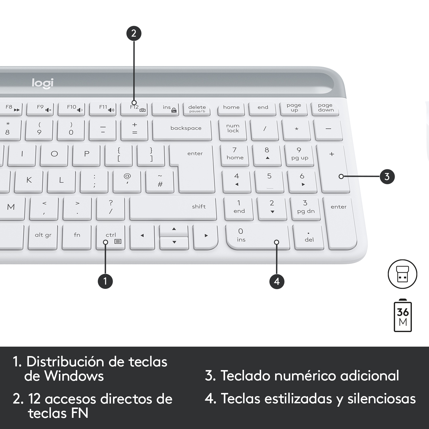 Teclado blanco con teclas etiquetadas. También son visibles teclas numeradas y de función.