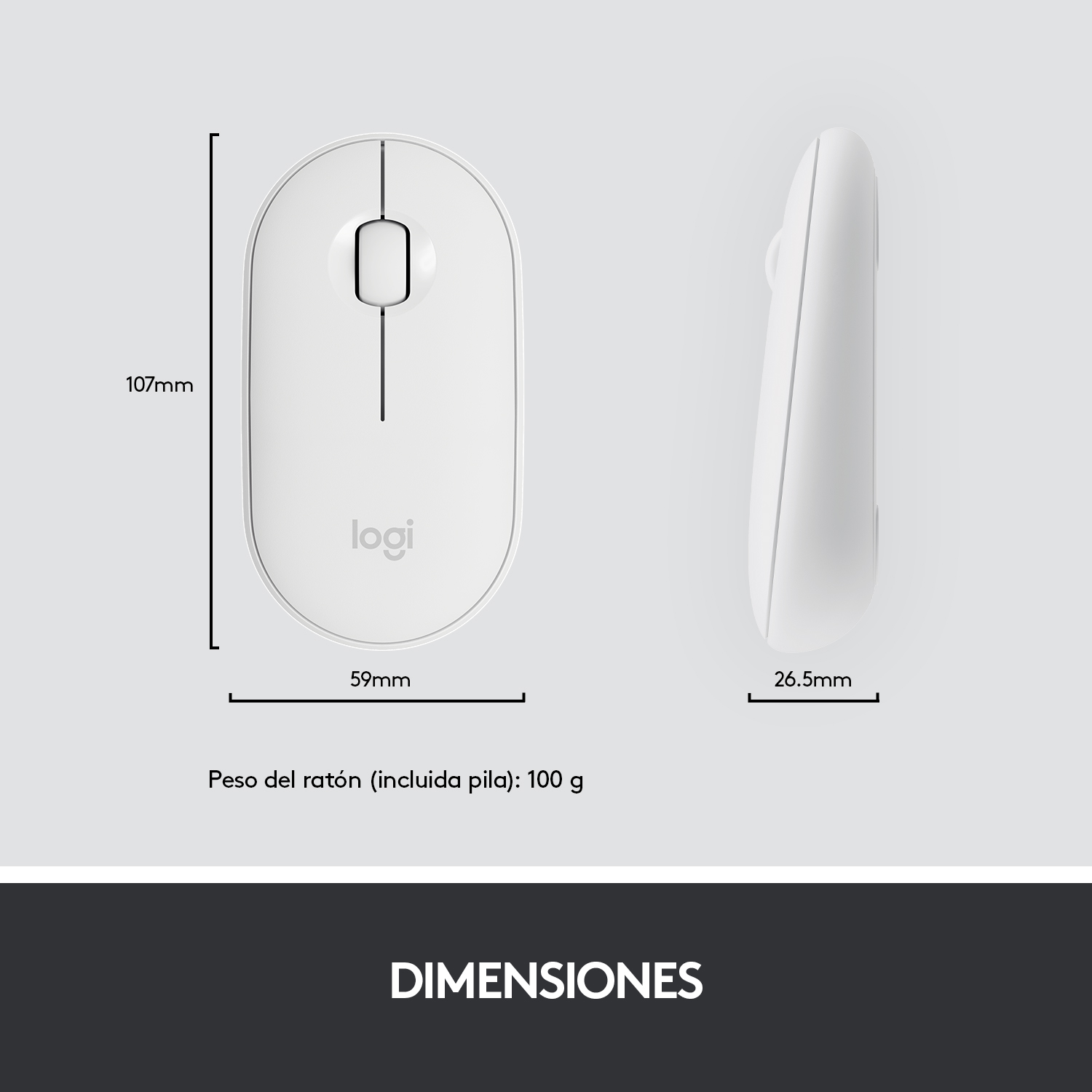 Un ratón de computadora blanco con dimensiones, incluyendo longitud y ancho.