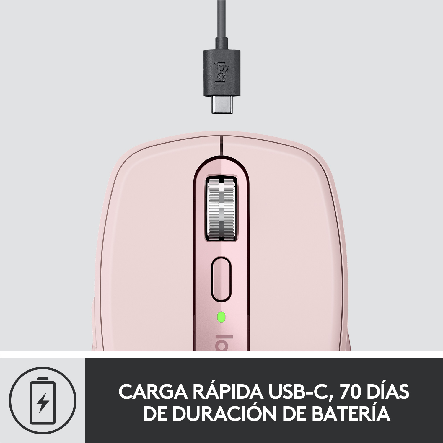 Ratón rosa con puerto de carga USB-C. Texto: 'CARGA RÁPIDA USB-C, 70 DÍAS DE BATERÍA'.