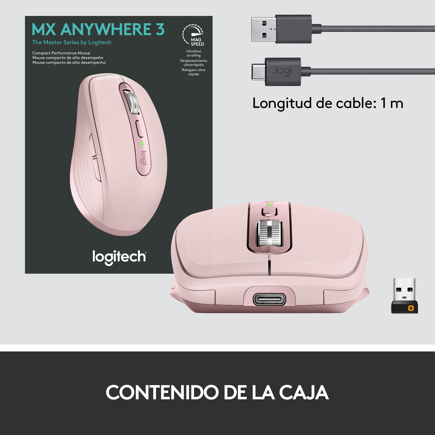 Un ratón Logitech MX Anywhere 3 rosa, con su caja. También se muestran cables y un receptor. Texto en español.