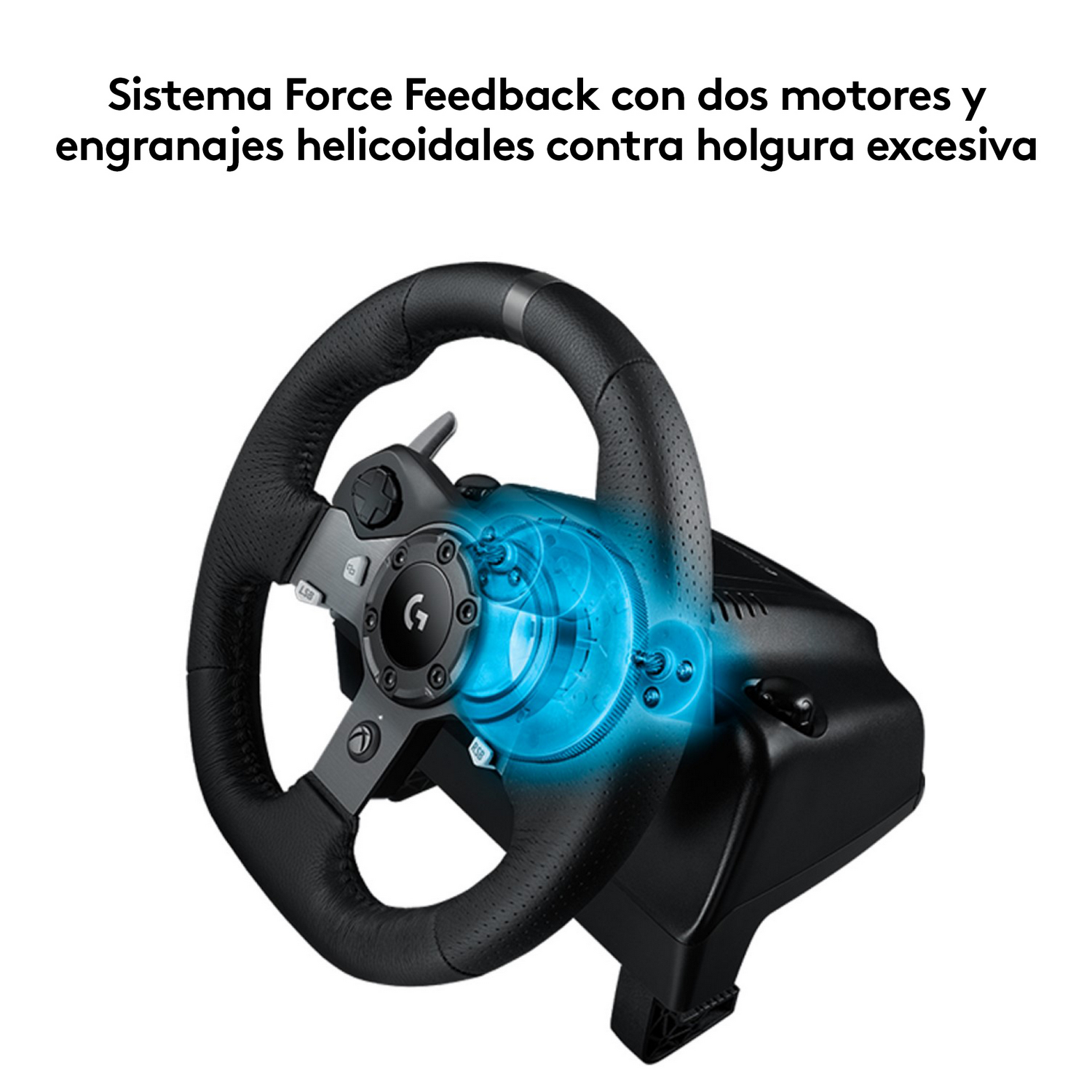 Un volante Logitech negro con detalles plateados. La imagen está sobre un fondo blanco.