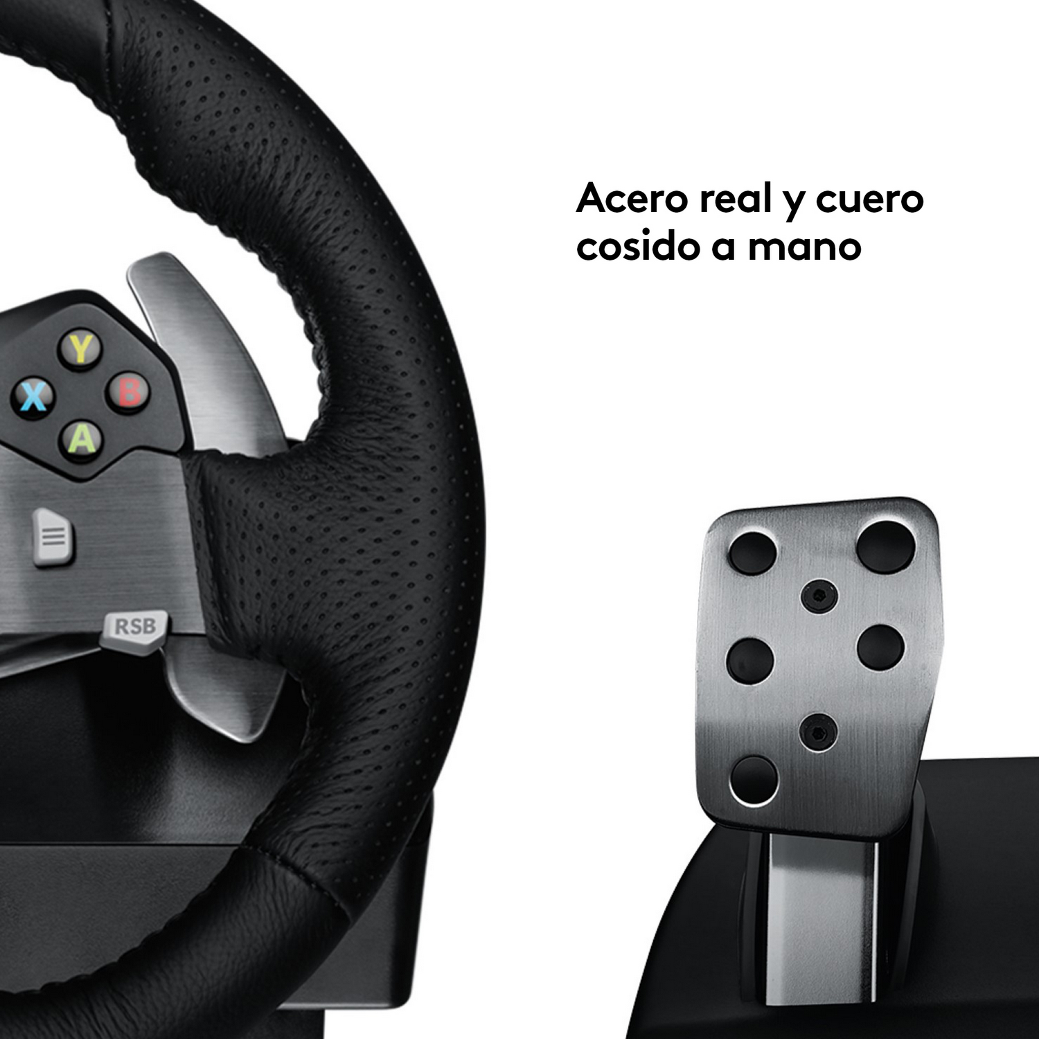 Volante negro con botones y una palanca plateada. Texto: Acero real y cuero cosido a mano.