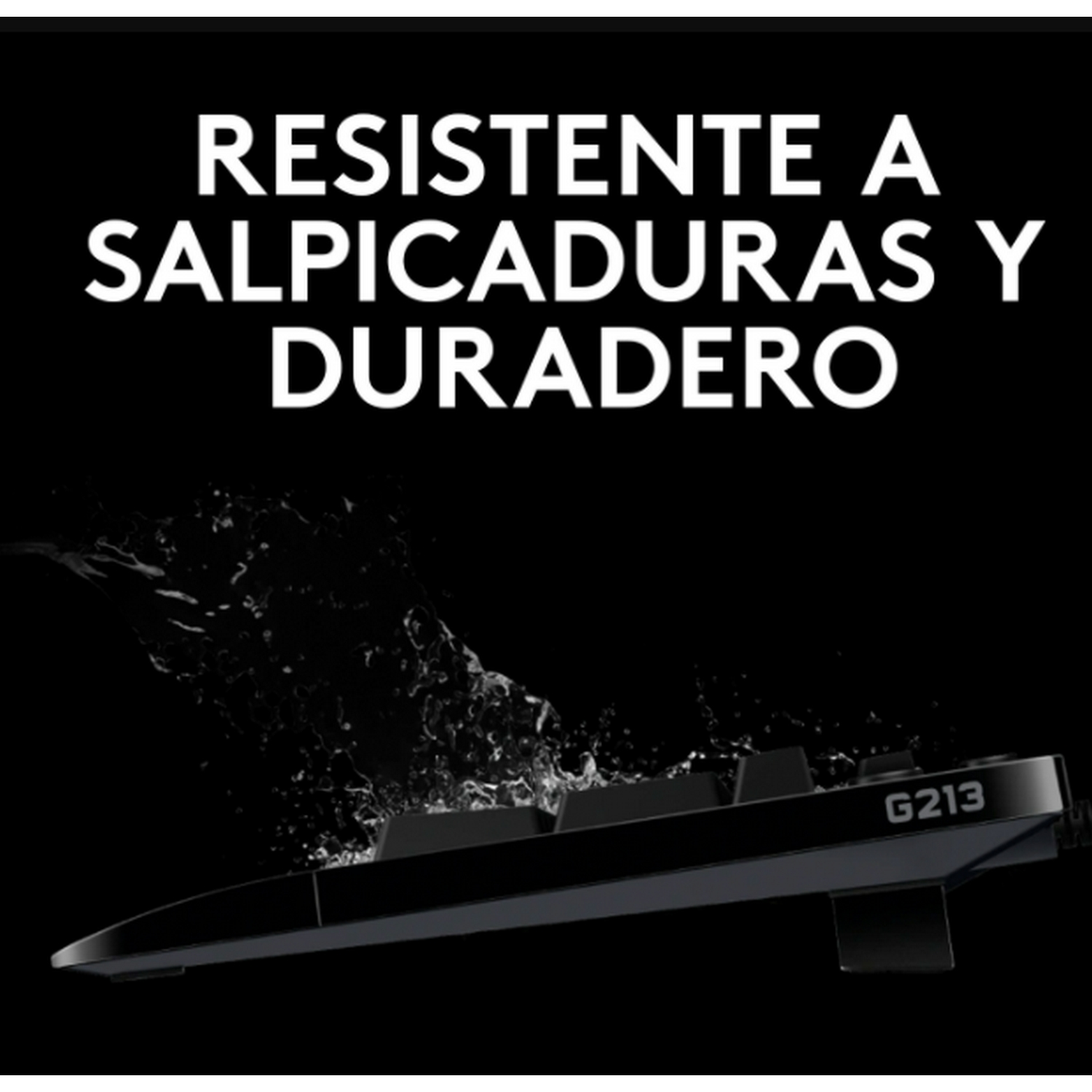 Un teclado negro con gotas de agua. Texto: Resistente a salpicaduras y duradero.