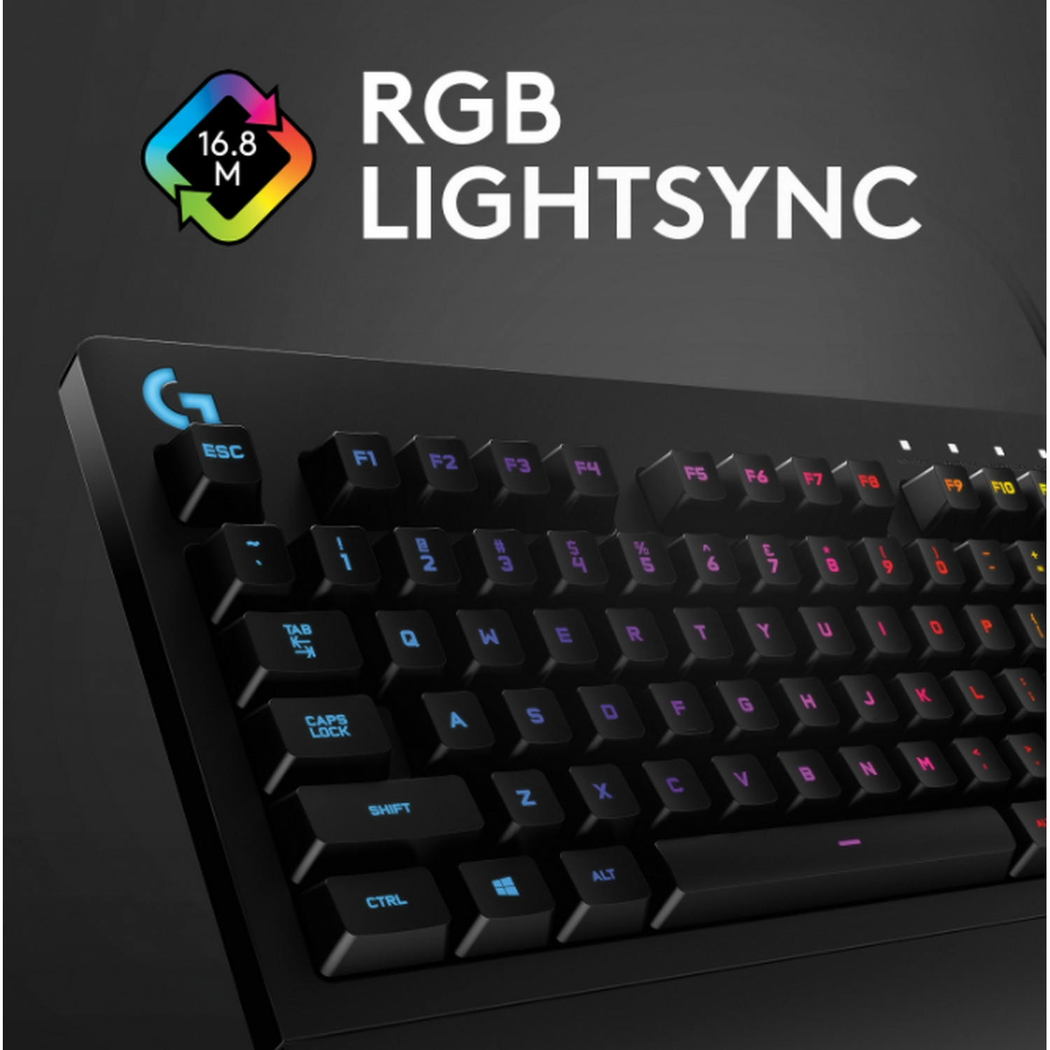 Primer plano de un teclado retroiluminado con luces RGB.