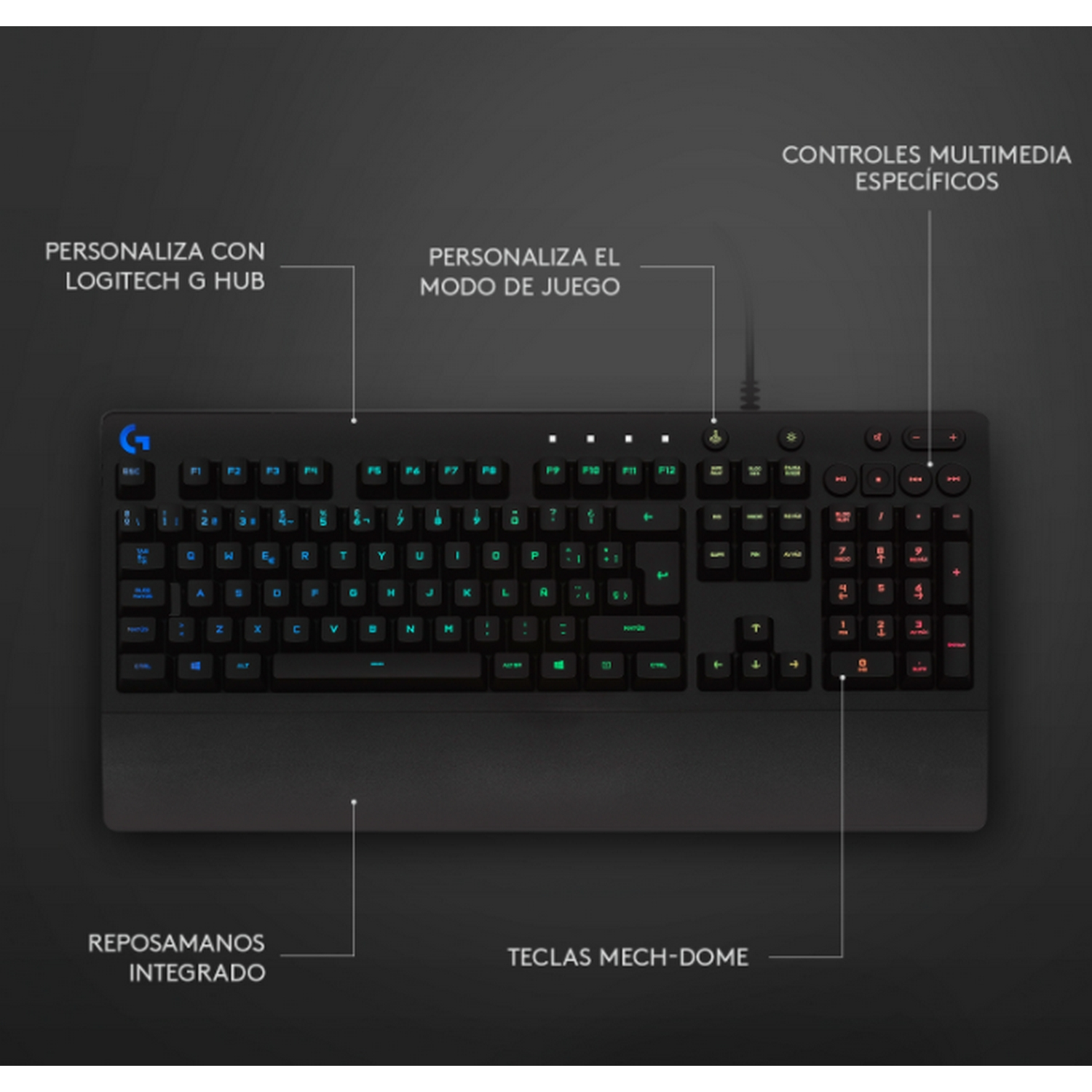 Teclado negro con teclas etiquetadas, centrado en funciones de juego.