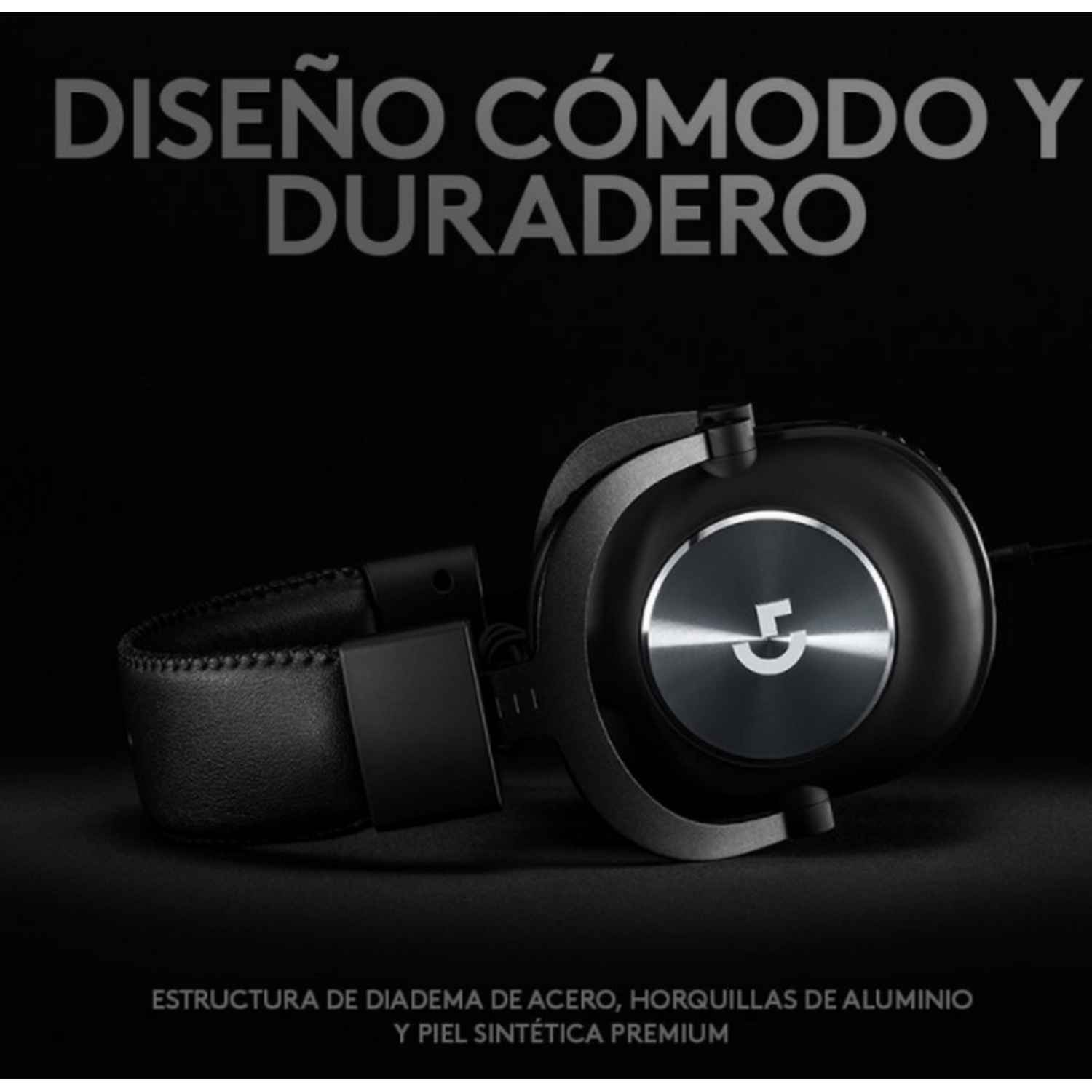 Auriculares negros sobre fondo negro, con texto blanco.