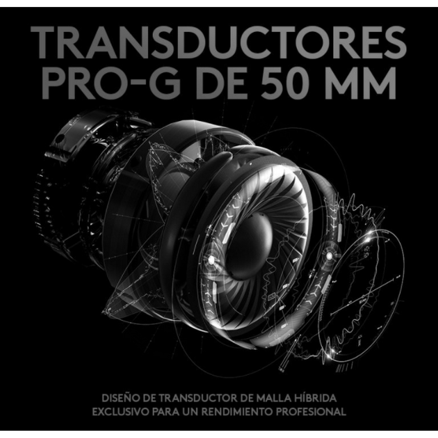 Una vista explosionada de un altavoz de auriculares. El texto dice 'TRANSDUCTORES PRO-G DE 50 MM' y 'DISEÑO DE TRANSDUCTOR...'
