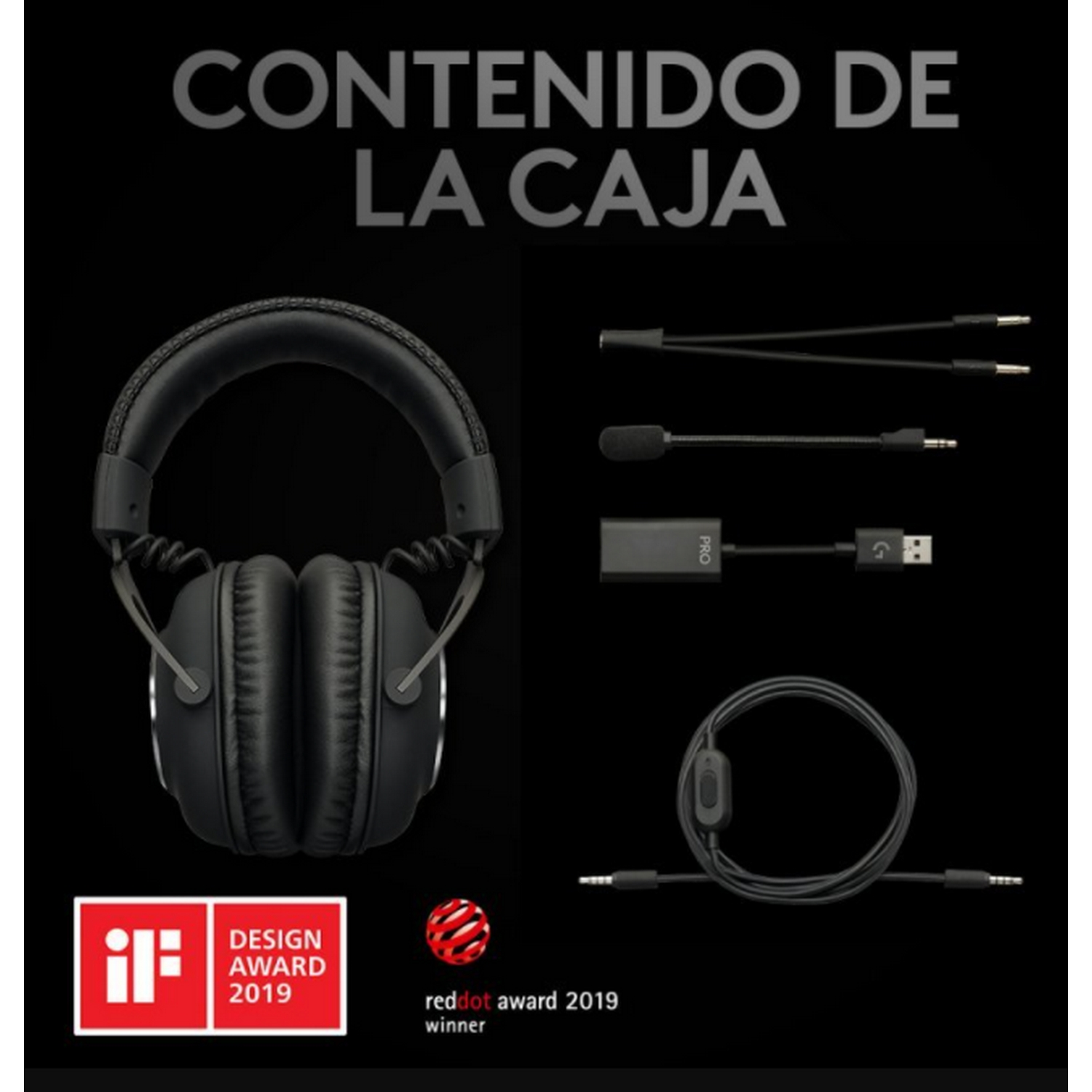 Contenido de la caja: auriculares, cables, micrófono y dongle USB, sobre negro.