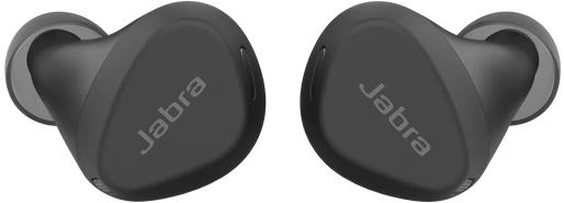 Paire d'écouteurs Jabra gris foncé. Design simple, logo Jabra sur chaque écouteur.