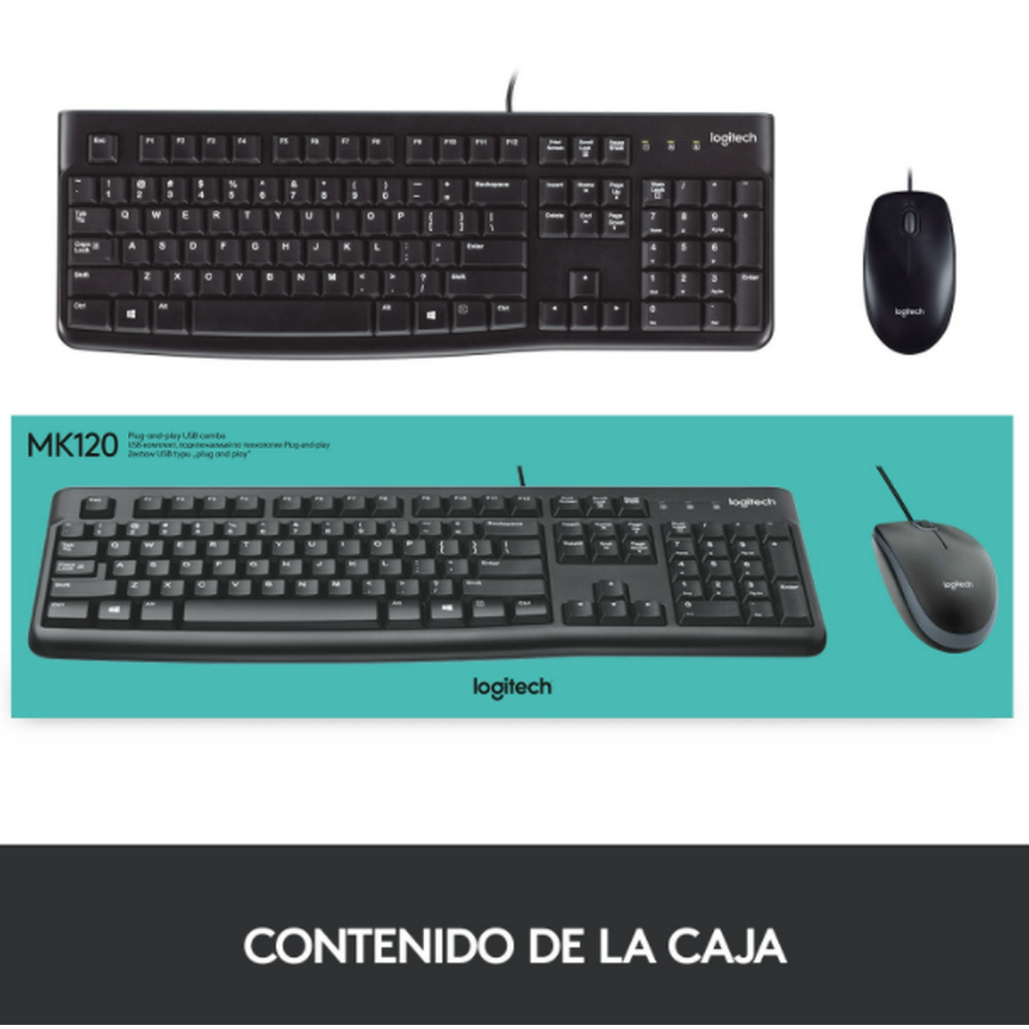 Combo de teclado y ratón Logitech. Teclado y ratón negros sobre fondo blanco. Contenido de la caja.