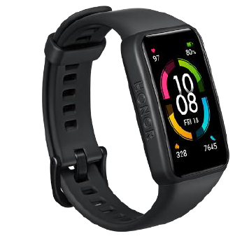 Siyah HONOR fitness takip cihazı, renkli ekran, zaman ve istatistikler.