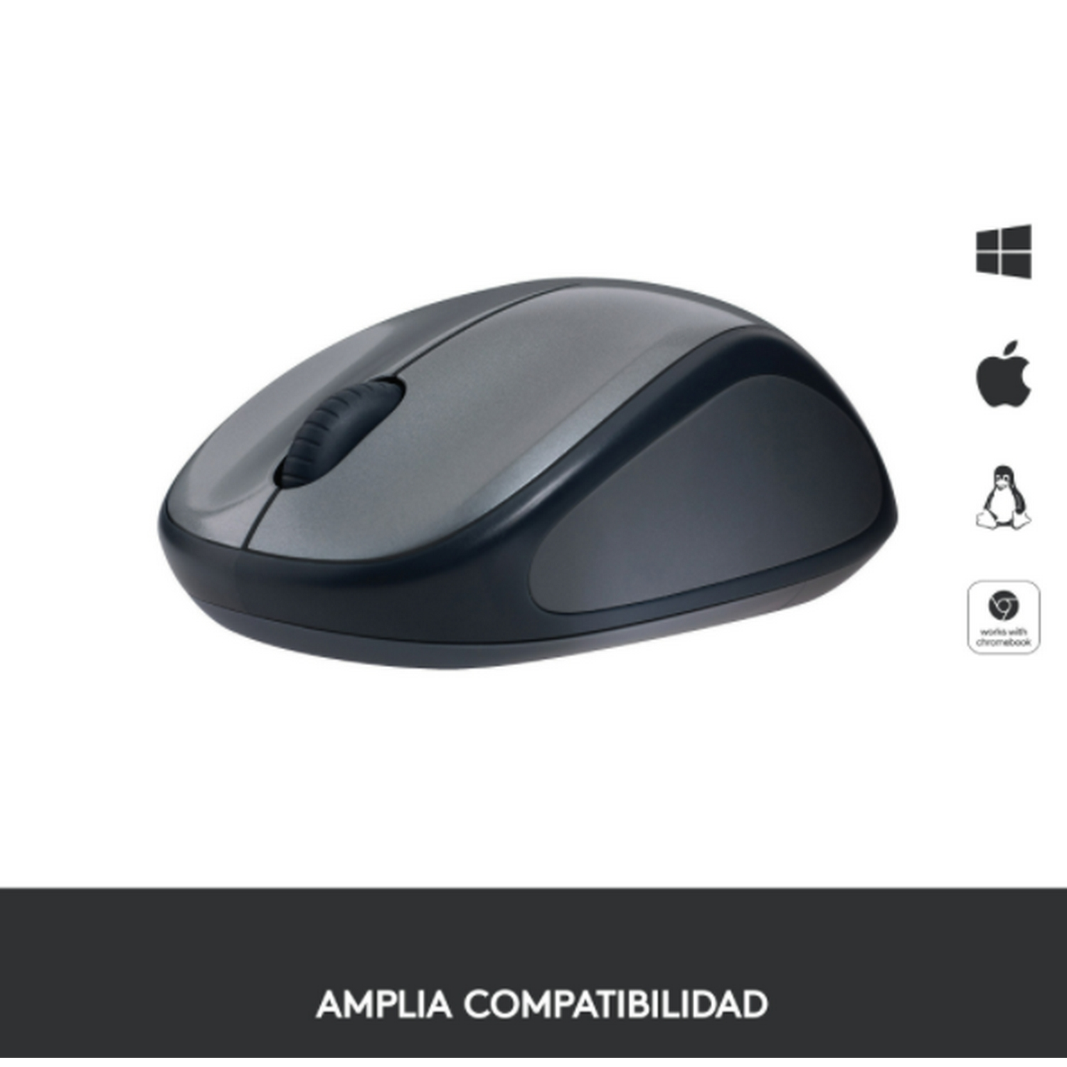 Ratón gris oscuro sobre superficie blanca. Rodeado por el texto 'Amplia Compatibilidad'.