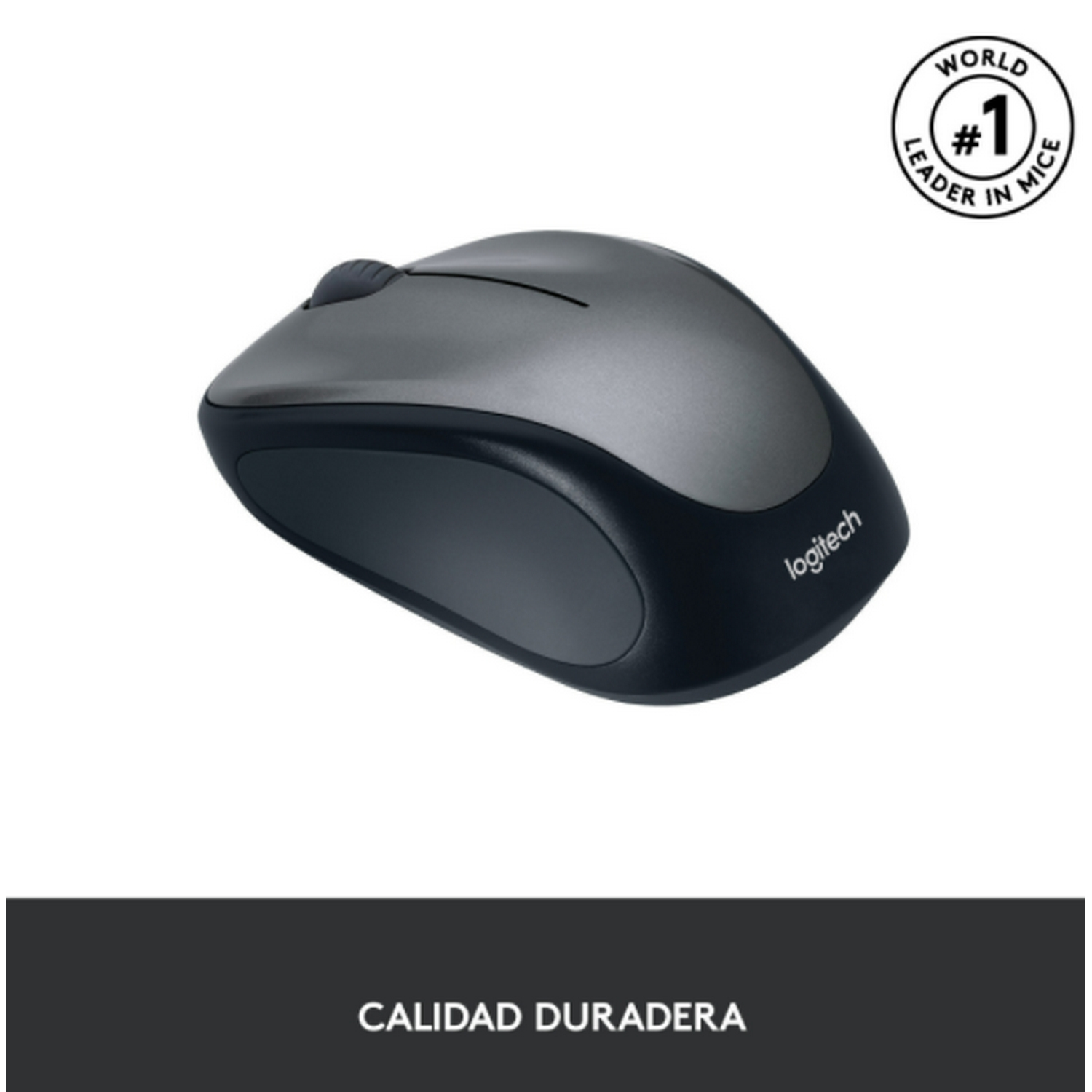Un ratón Logitech gris y negro sobre una superficie blanca, con las palabras "Calidad Duradera".