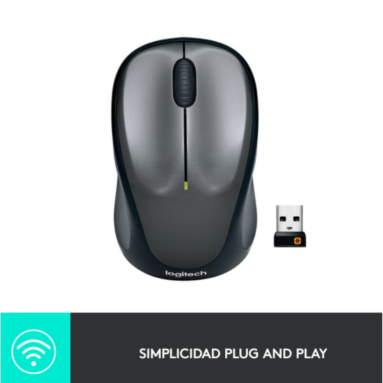 Ratón de ordenador gris con receptor USB. Texto: 'SIMPLICIDAD PLUG AND PLAY'.