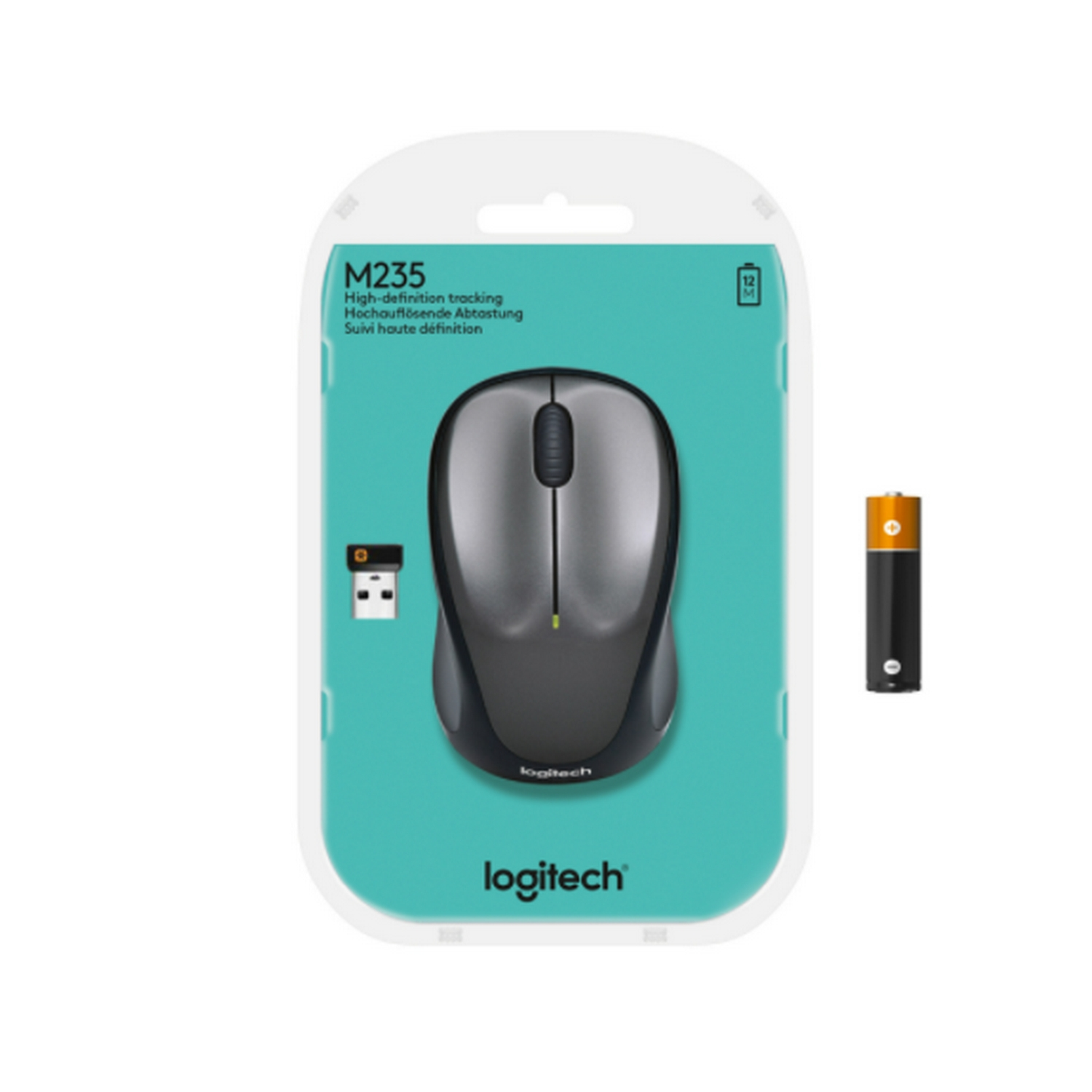 Un ratón Logitech M235 en su embalaje, con una pila al lado.