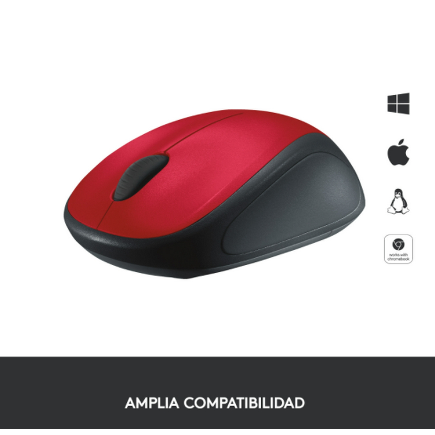 Un ratón de ordenador rojo y negro con iconos para Windows, Apple, Linux y Chrome OS.