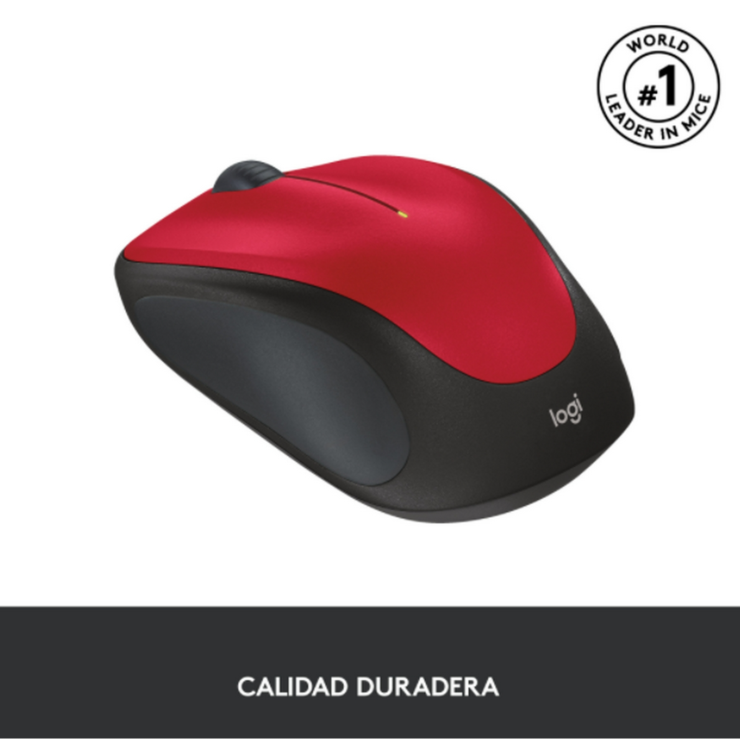 Ratón Logitech rojo y negro con las palabras "WORLD LEADER IN MICE".