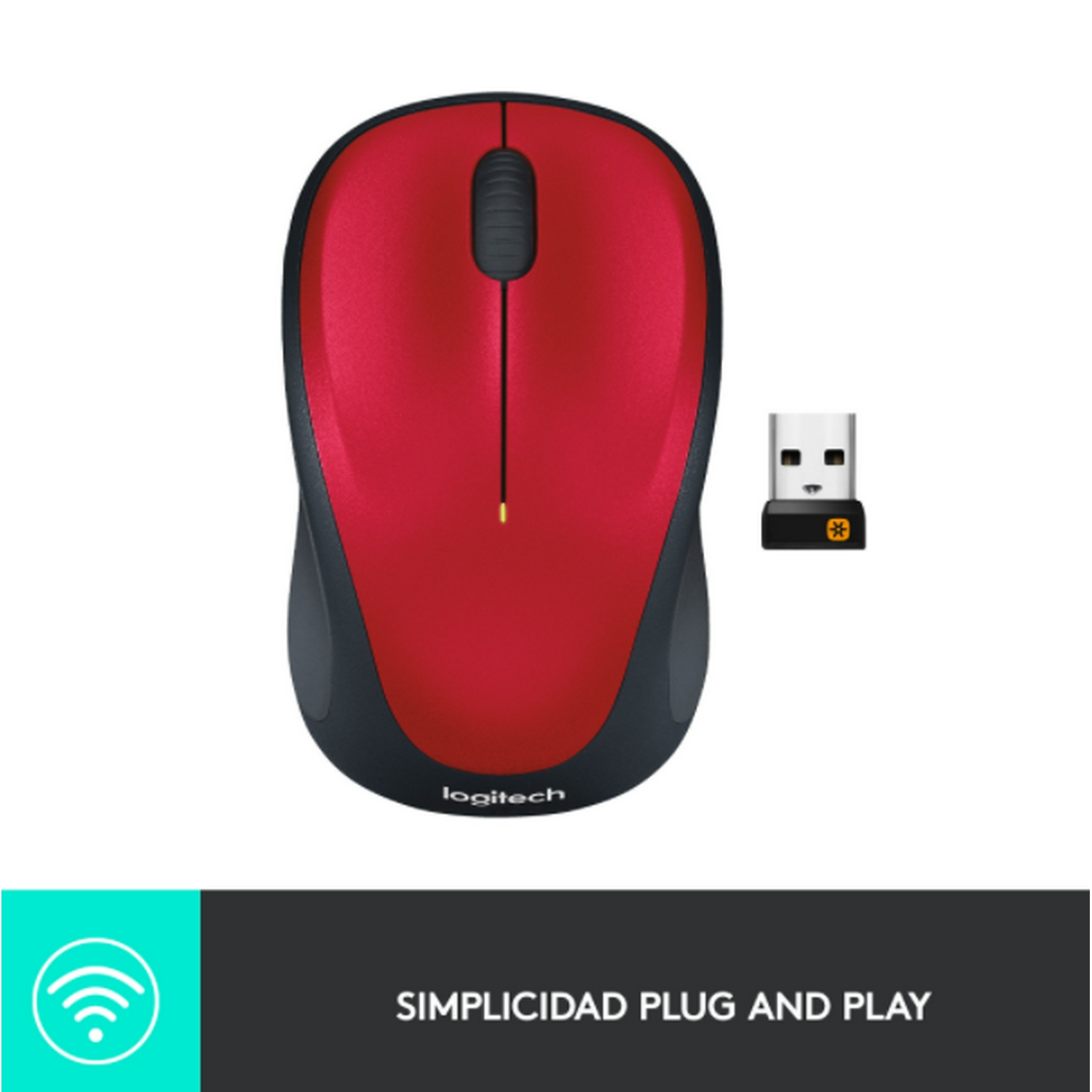 Ratón inalámbrico Logitech rojo y negro y receptor USB sobre fondo blanco.