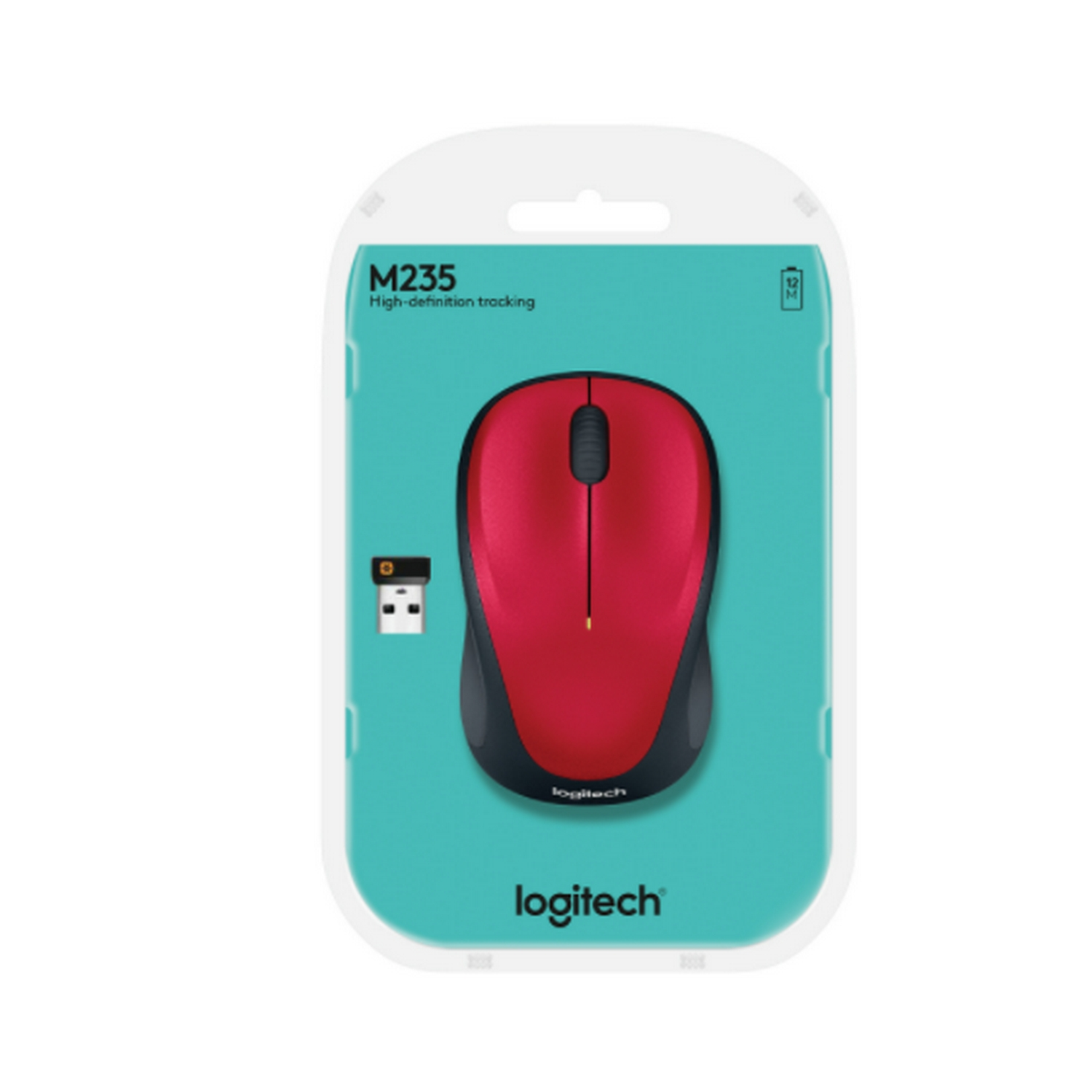 Ratón rojo y negro en un embalaje de plástico transparente. El paquete tiene el logotipo de Logitech.