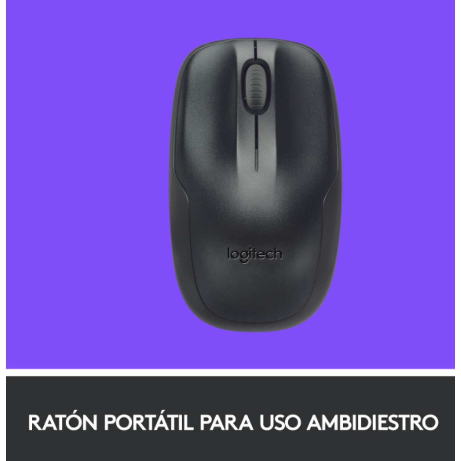 Ratón negro Logitech sobre fondo morado. Texto debajo en español.