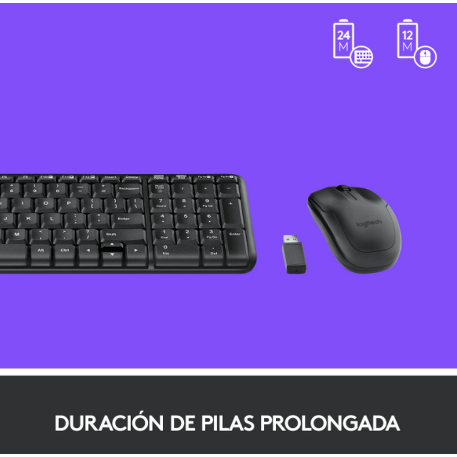Combo teclado y ratón negro. Texto: 'Duración prolongada de pilas'. Dos iconos de batería.