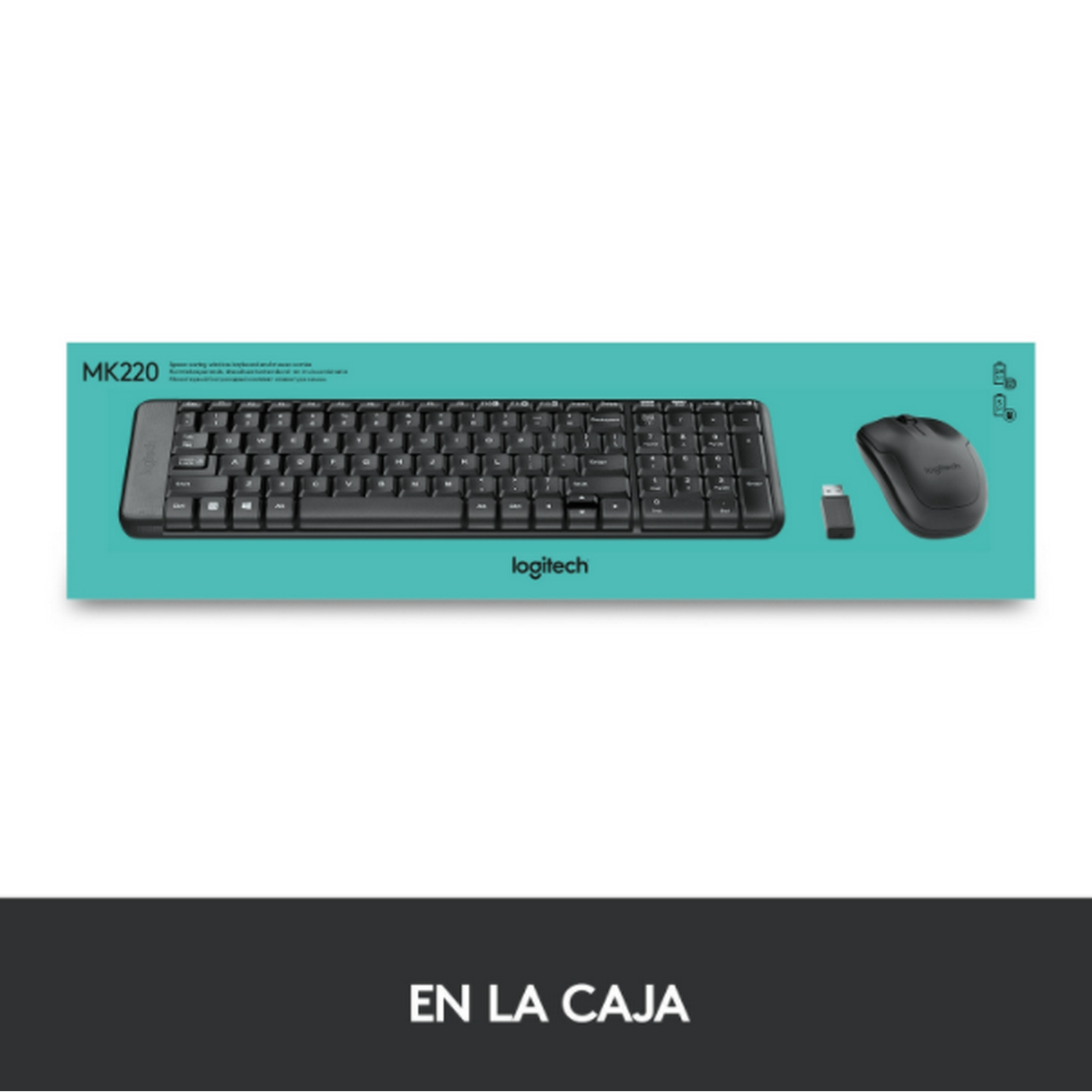 Juego combinado de teclado y ratón en caja, con teclado negro, ratón y receptor USB.