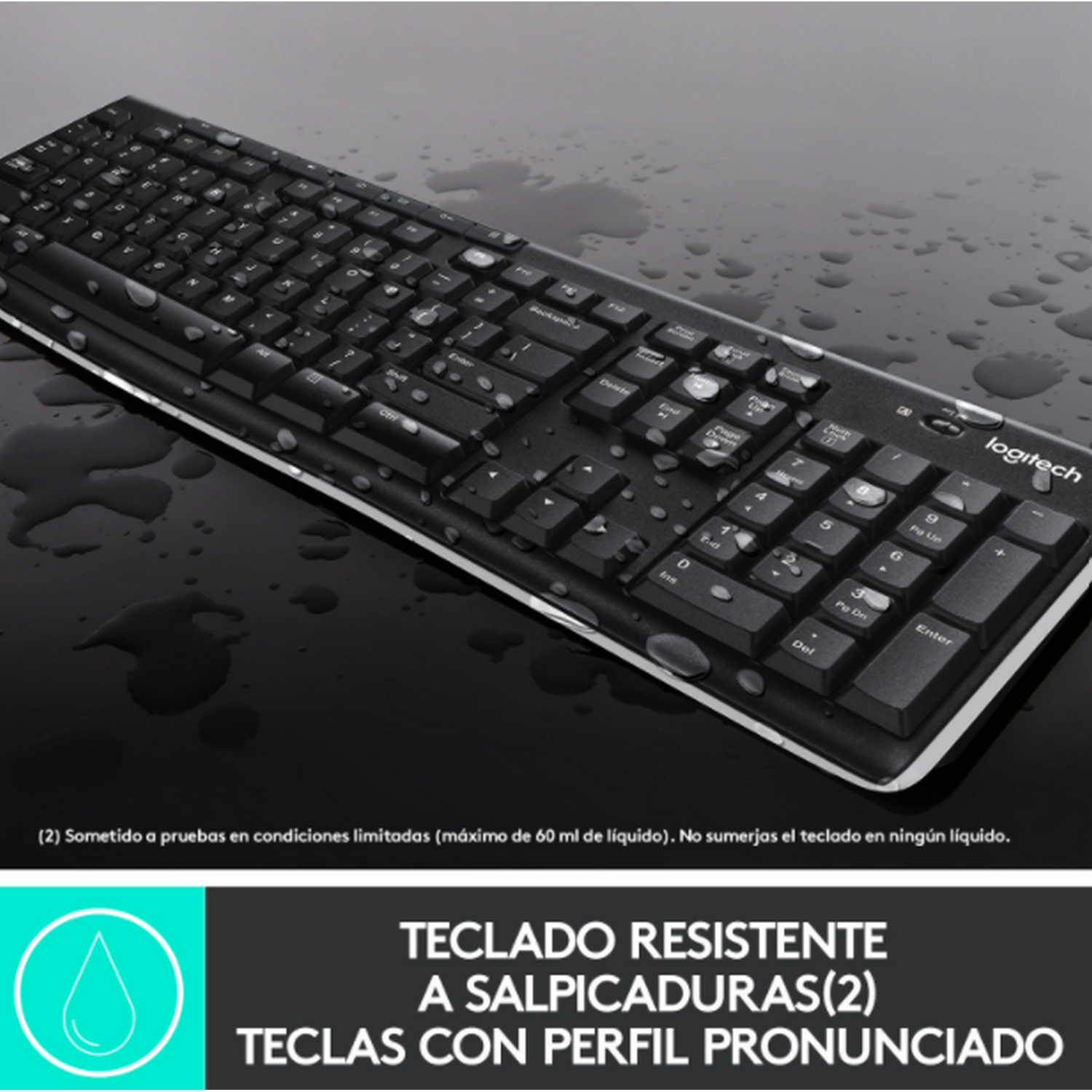 Un teclado negro sobre una superficie brillante con texto sobre resistencia a salpicaduras.