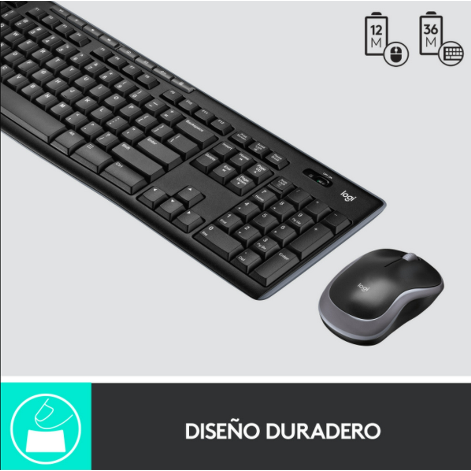 Un teclado negro y un ratón gris sobre fondo blanco, texto 'DISEÑO DURADERO'.