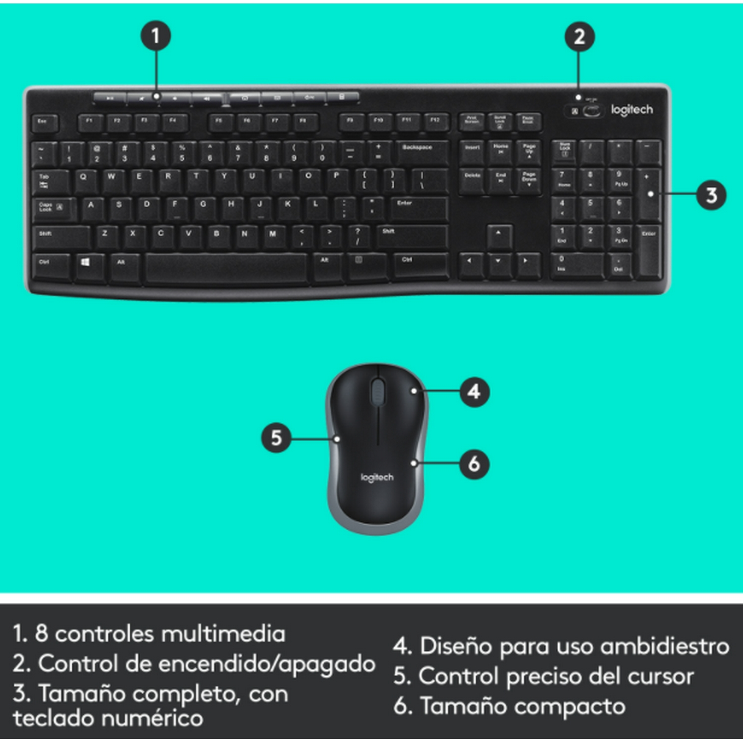 Combo de teclado y ratón. El teclado tiene controles multimedia y teclado numérico.