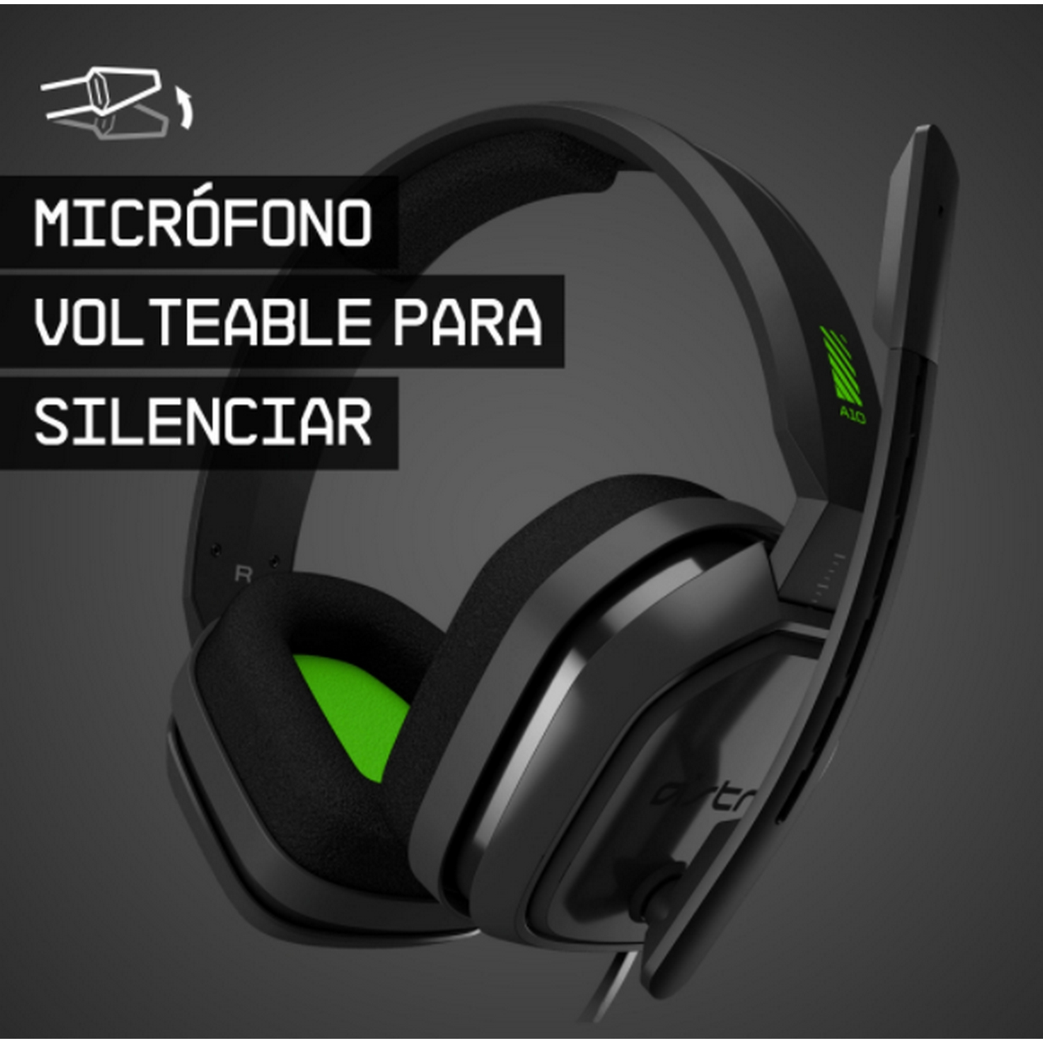 Auriculares para juegos negros con micrófono. Texto: 'MICRÓFONO VOLTEABLE PARA SILENCIAR'.
