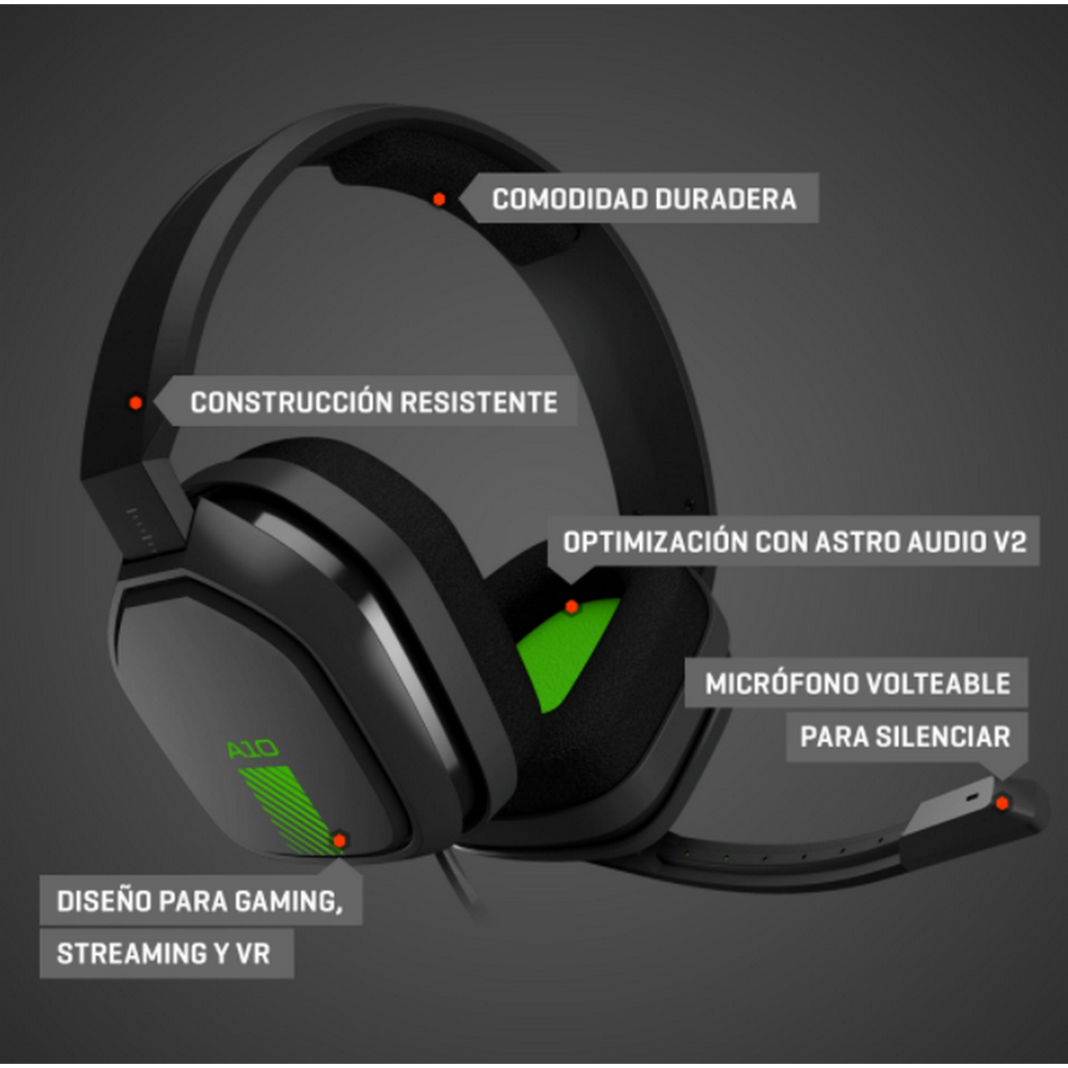 Auriculares para juegos negros con etiquetas que detallan sus características.