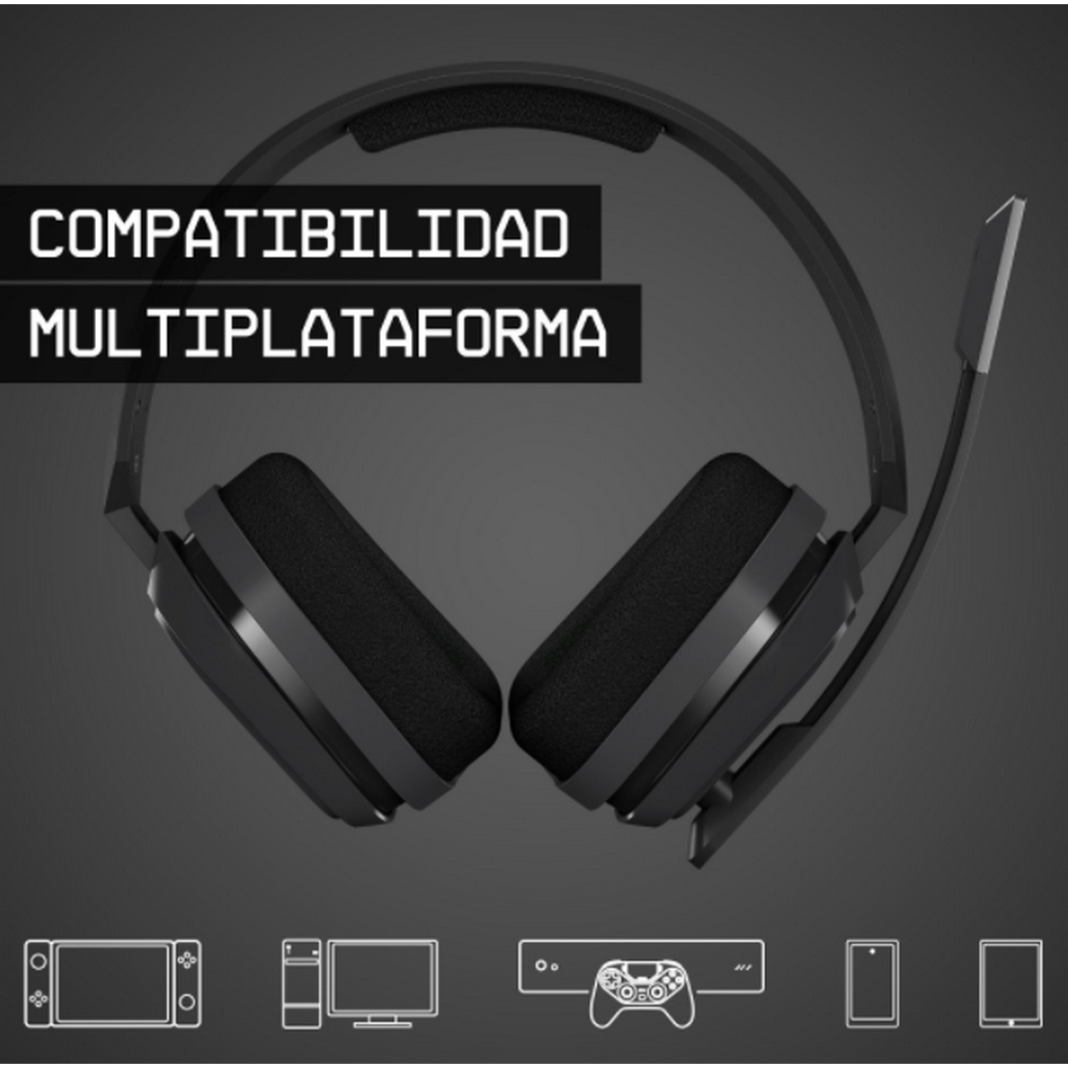 Auriculares gaming negros con iconos de compatibilidad multiplataforma.