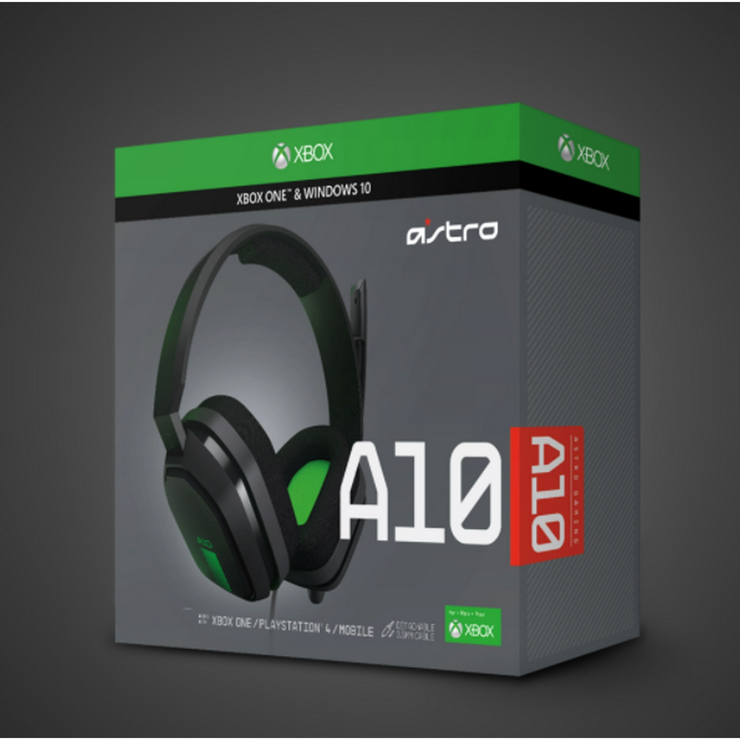 Caja de auriculares para juegos Astro A10 en negro y verde, con el nombre del producto visible.