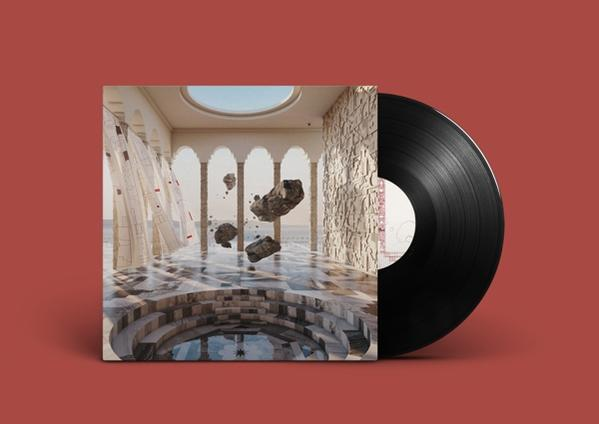 Vinyl-Schallplatte mit Albumcover vor rotem Hintergrund. Die Kunst zeigt eine Innenszene mit schwebenden Felsen.