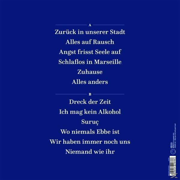 Albumcover mit Songtiteln in weißem Text auf dunkelblauem Hintergrund.