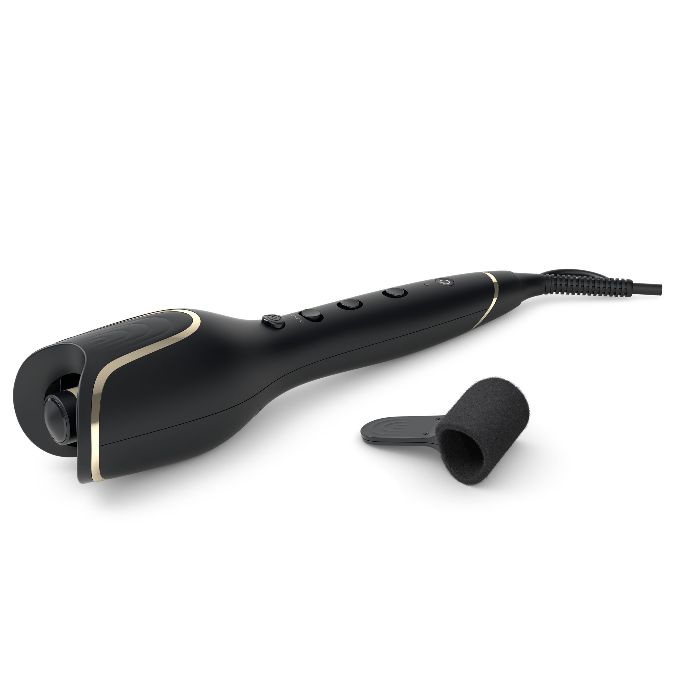 A black curling iron with gold accents, and a foam attachment.